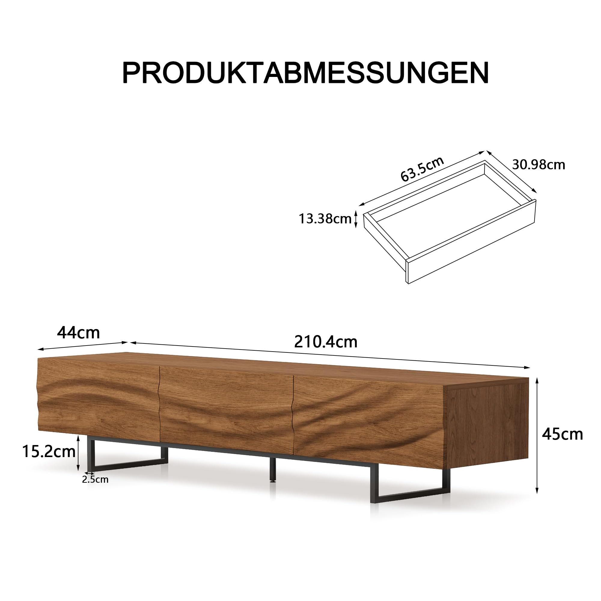 KAANAA TV-Schrank 210 cm, TV Lowboard für TVs ab 75 Zoll, Nussoptik | 210 cm Breite, Für TVs ab 75 Zoll, 3 Schubladen, Offene Fächer, Wellenfront, Nussoptik, Mid-Century Design