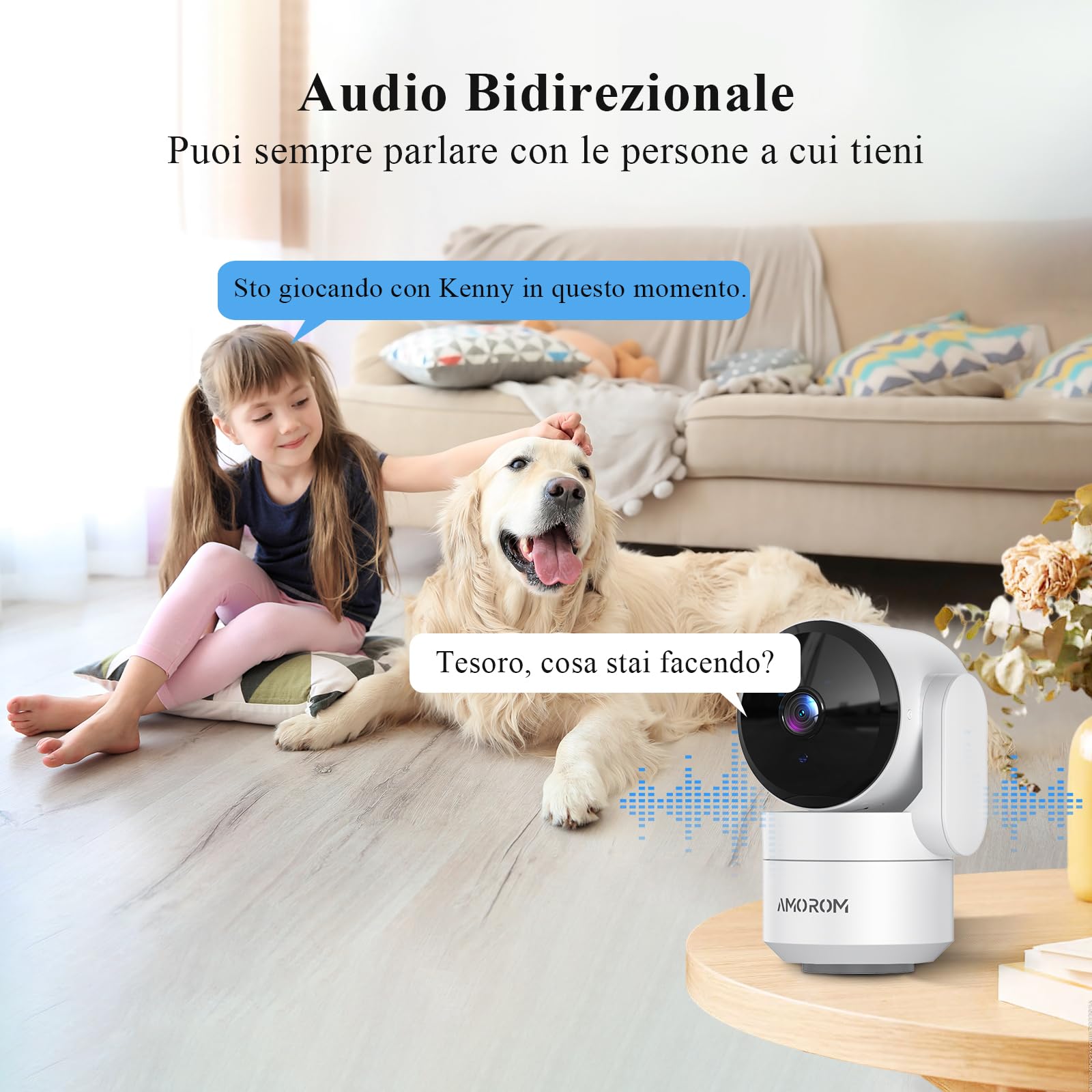 AMOROM Telecamera WiFi Interno con Rilevamento del Movimento Tramite IA, Pan/Tilt, Visione Notturna, Audio Bidirezionale, Compatibile con Alexa, 2.4Ghz Wifi, 4 Pack