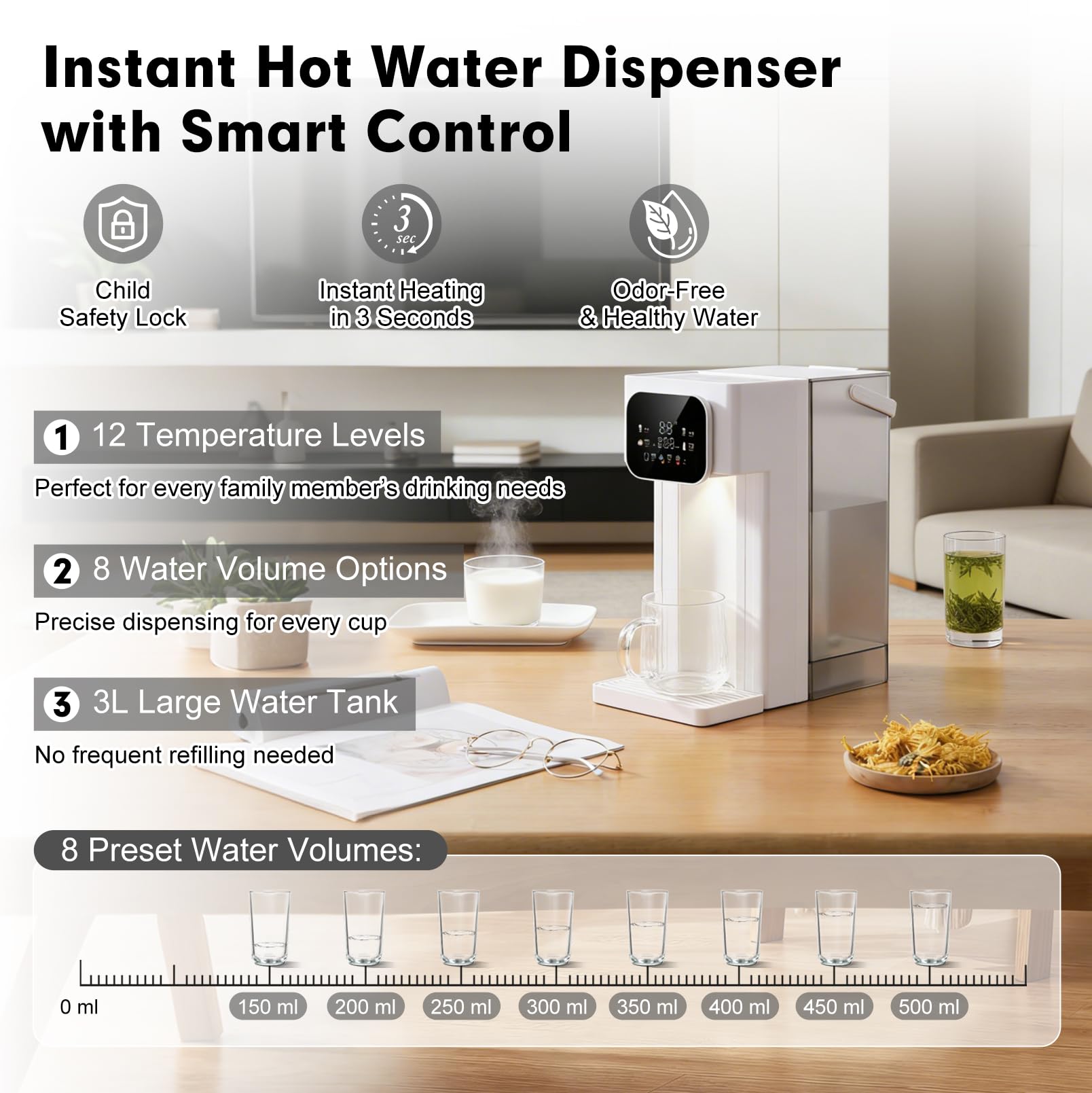 Dispensador de agua caliente, multifuncional de 3 L, 12 niveles de temperatura, 8 cantidades de agua, pantalla táctil digital, bloqueo para niños, depósito de agua extraíble, cartuchos de filtro y