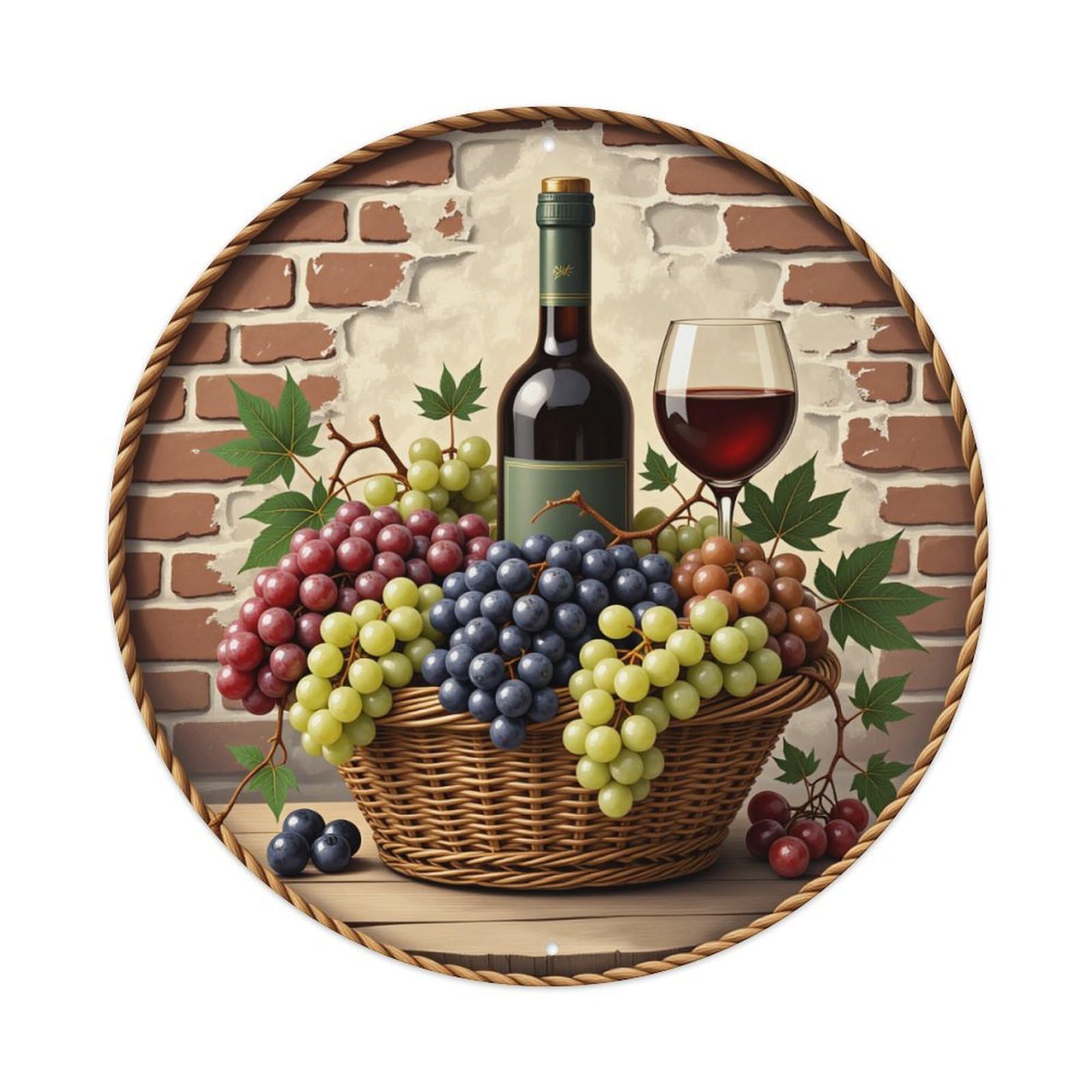 Wine Bottle Grapes Basket Brick Wall Round Tin Sign Retro Metal Sign for Cafe Bar Pub Home Game Room Gym Club Wall Decoration Vintage Metal Poster 8x8 Inch