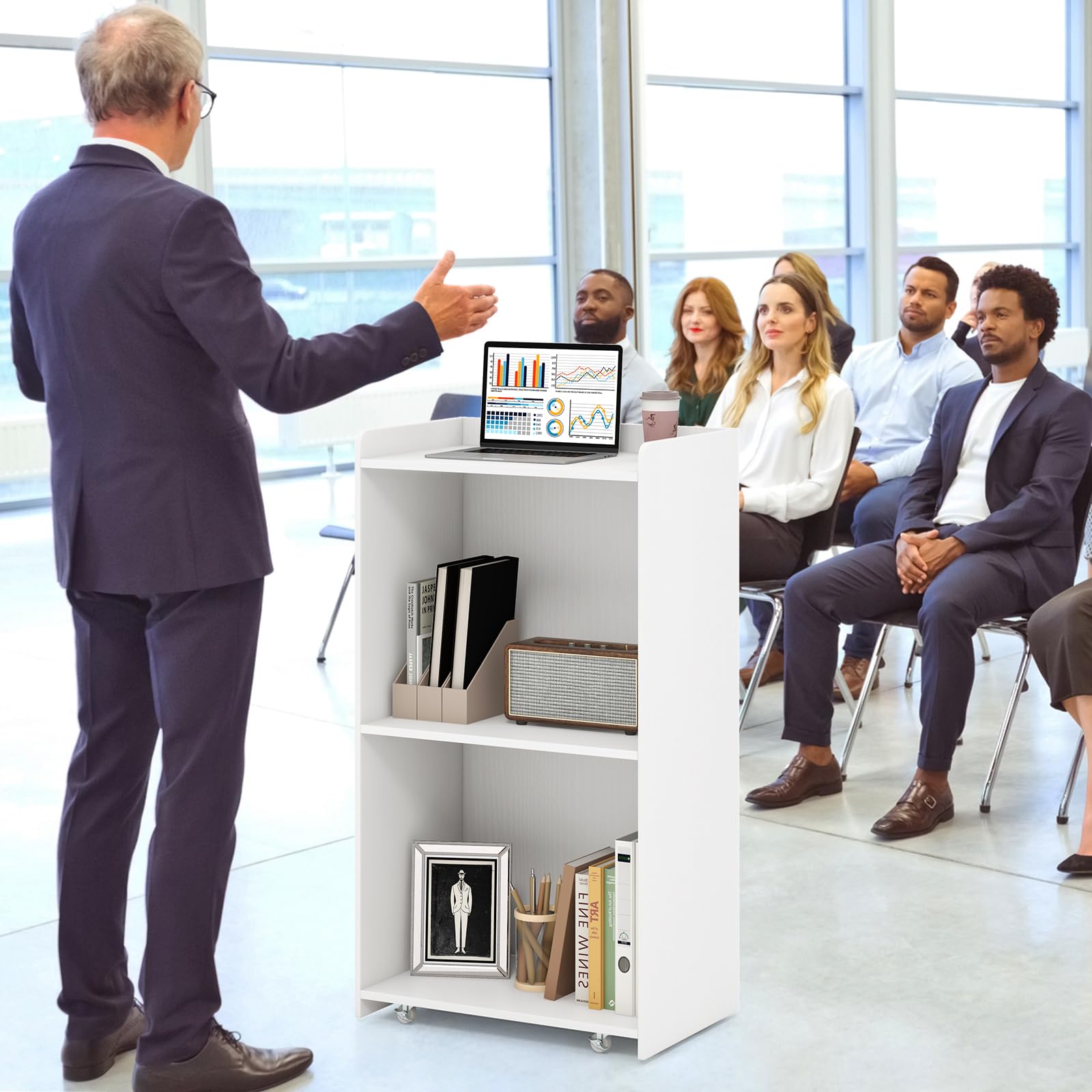 COSTWAY Podium Debout en Bois Roulant, Pupitre avec 2 Étagères, Podium Portable avec roulettes, Comptoir d'accueil, Roues Verrouillables, pour Église, Bureau, École, Conférence (Blanc)
