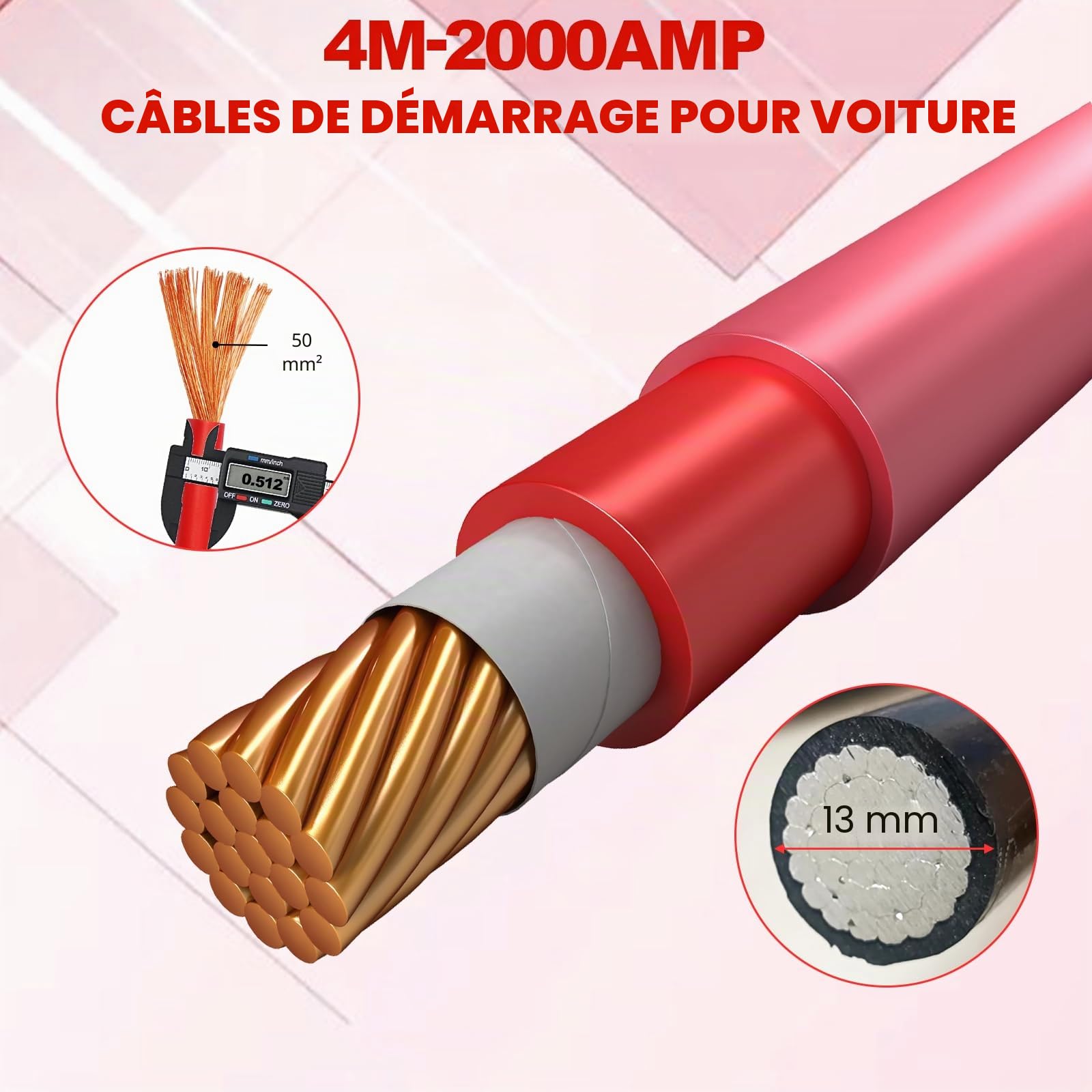 Câbles de démarrage pour voiture, câbles de démarrage robustes de 4 m, câbles de démarrage de batterie de voiture 2000 A avec gants