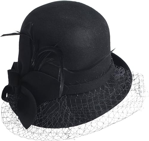 Miniatura 2 de VECRY Sombrero de lana para mujer, sombrero de iglesia Cloche Plumy Felt Bucket Winter Hat