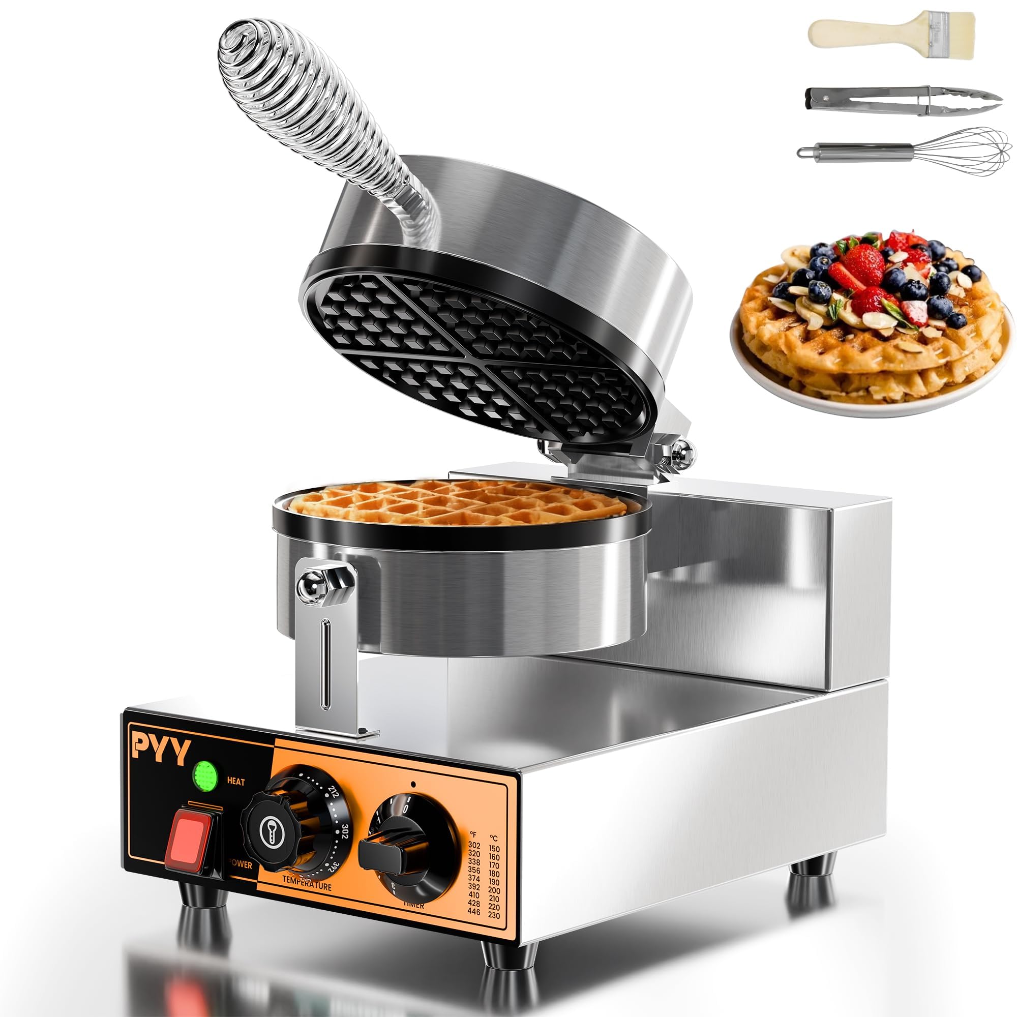 PYY Commercial Waffle Maker - 20Pcs/H Round Belgian Waffle Iron, Non-Stick Stainless Steel Waffle Baker Machine with Temp &amp; Timer Control, for Home Kitchen, Restaurant, Snack Bar 1300W
