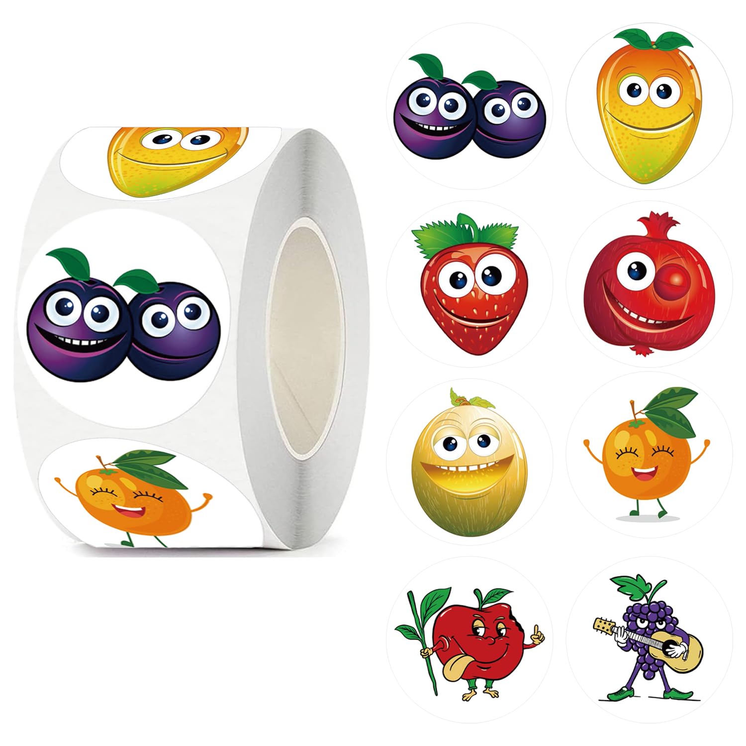 UVUXO 600 PCS Cartoon Cute Fruit Sticker Roll for Kids - Round 1.5 Inch 8 Tyles Funny Fruit Kindergarten Stickers Teacher Stickers Kids Birthday Party