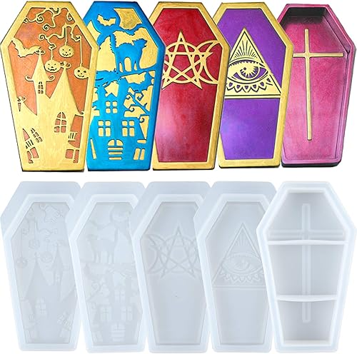 Caja de ataúd de resina epoxi moldes de silicona con tapas para Halloween, bandeja de almacenamiento de joyas, juego de 5 en juego
