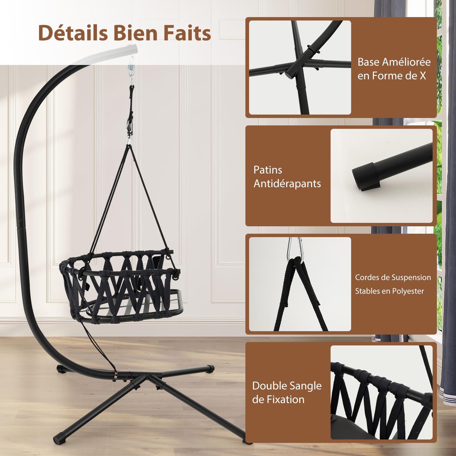 COSTWAY Fauteuil Suspendu Extérieur Intérieur, Support en Acier