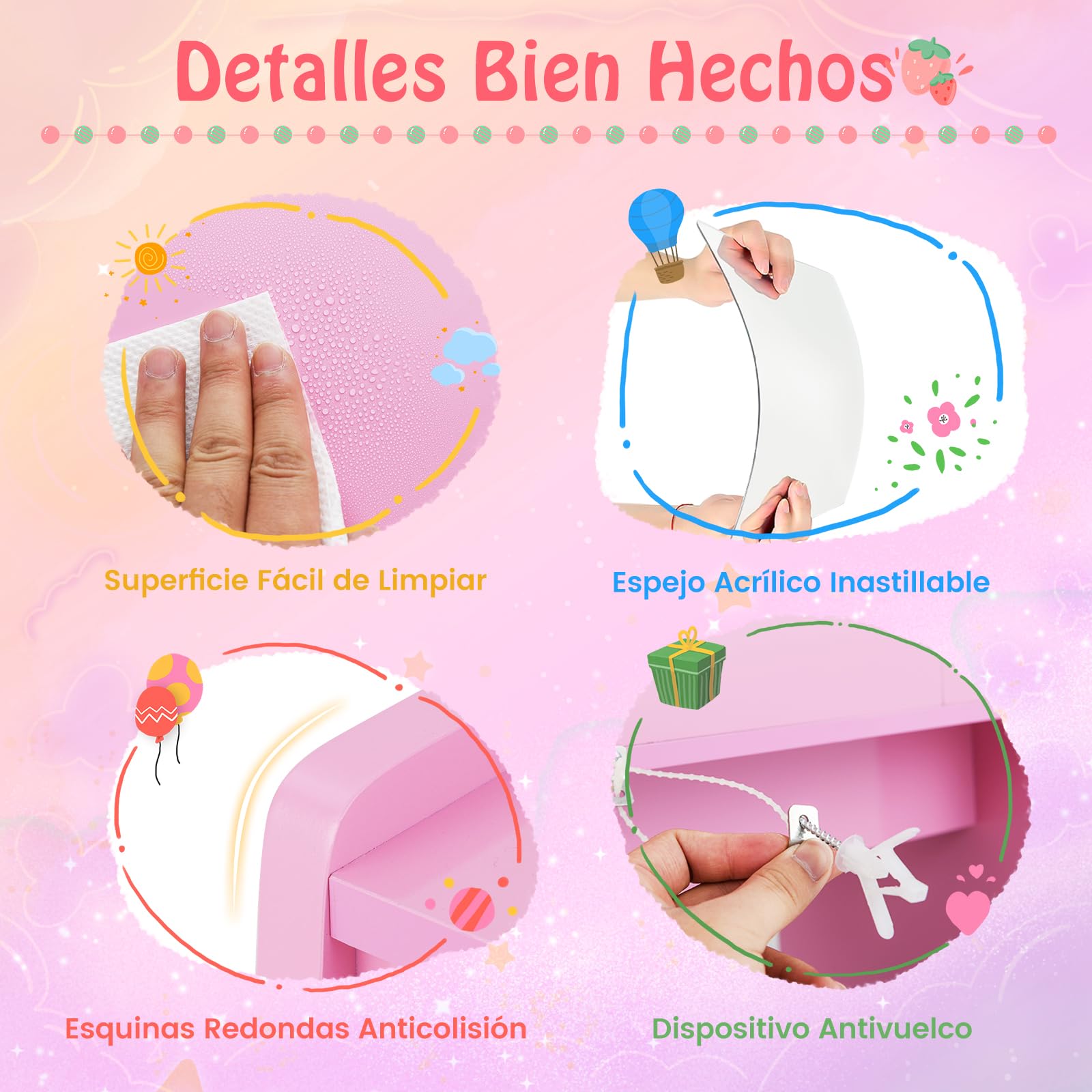 COSTWAY Tocador Infantil con Espejo Iluminado, Tocador de Maquillaje Niña con Espejo y Luces, Estantes Abiertos y 5 Cajones de Almacenaje, Mesa y Silla de Princesa para Niñas de 3+ Años (Rosa)