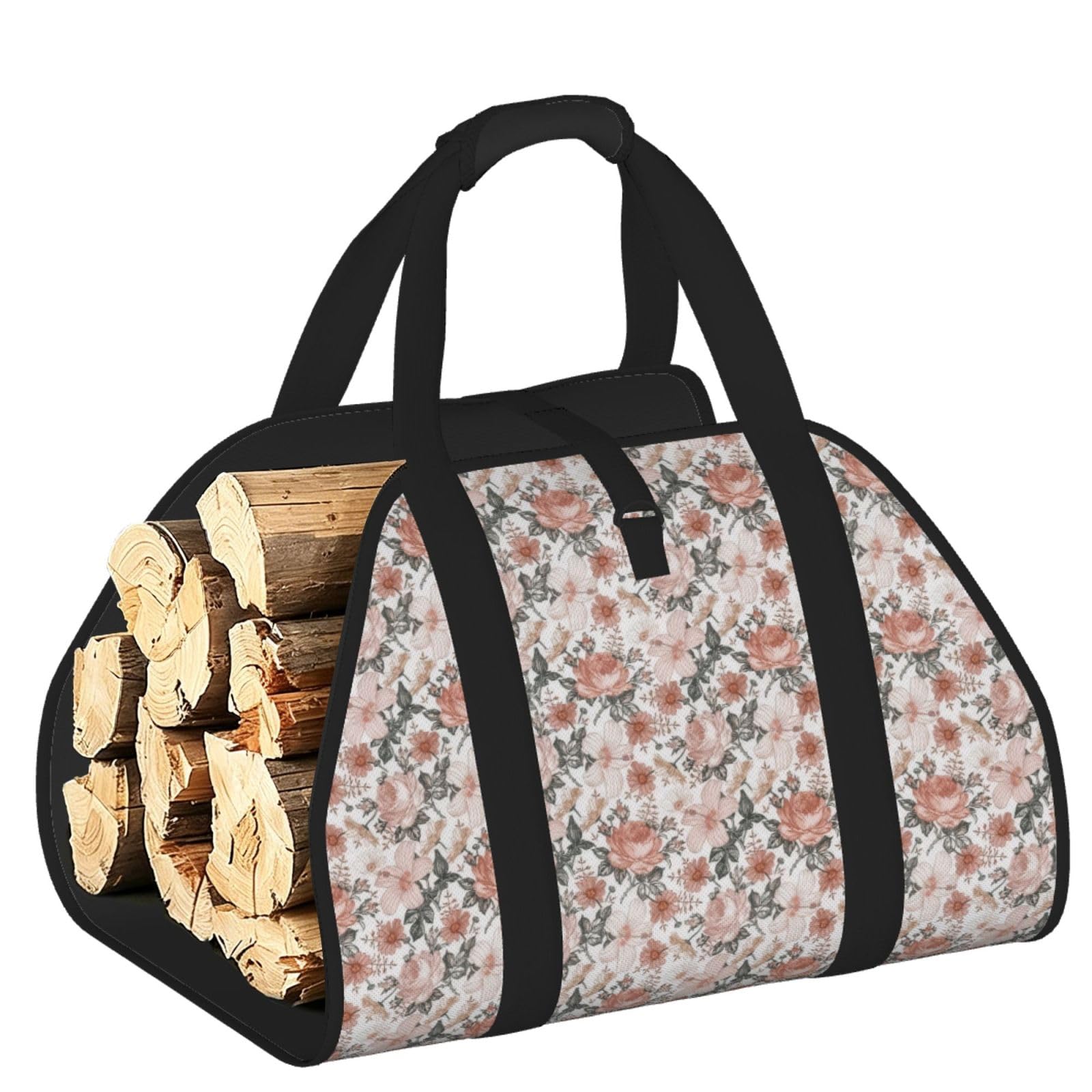 Ayyqwe Black Flower Paris Eiffel Tower Print Firewood Bag Wood Waterproof Versatile Camping Picnic Storage Daily Home