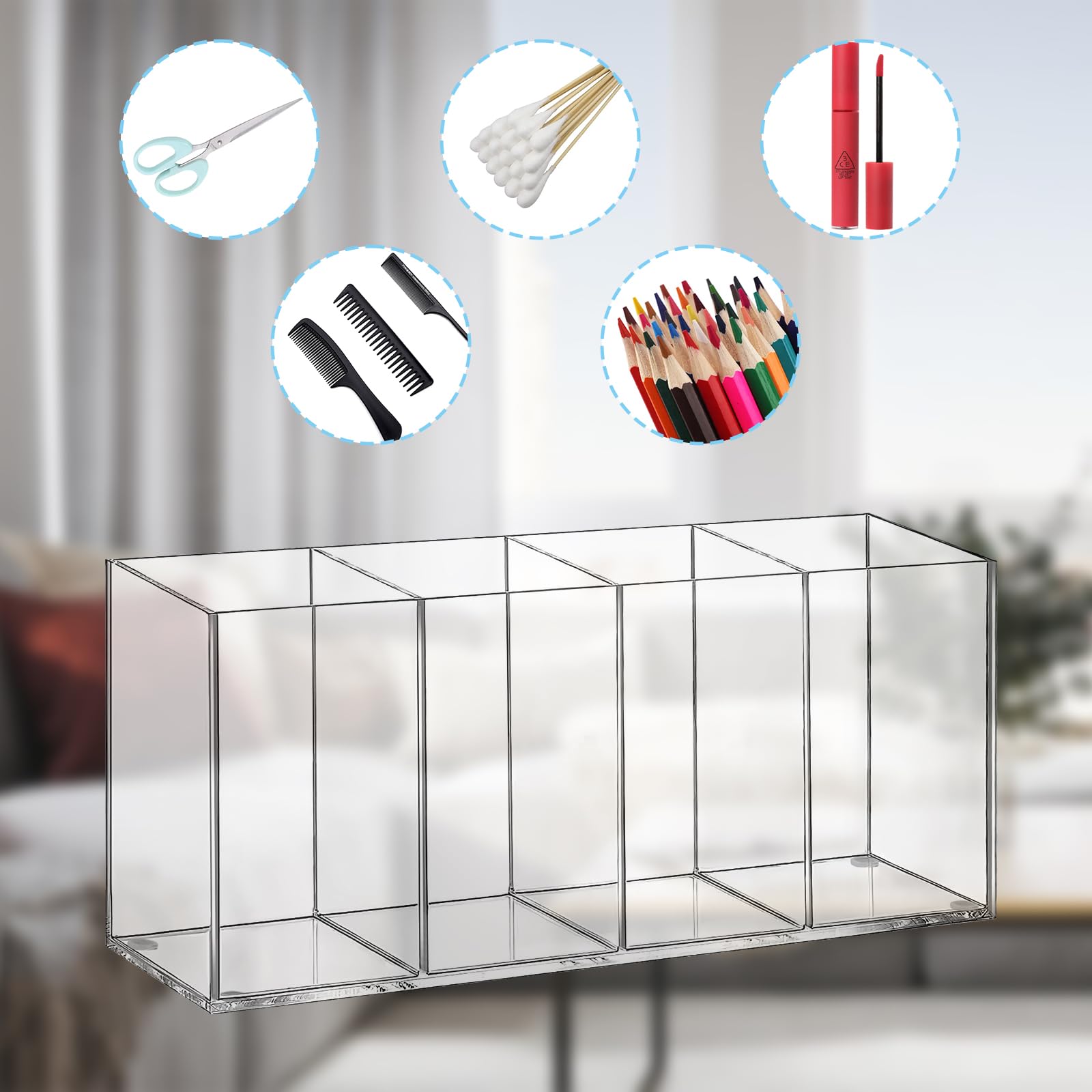 Top-spring Acrylic Pen Pencil Holder, 4 Compartments Clear Desk Organiser for Pens Pencils, Makeup Brushes - Image 3