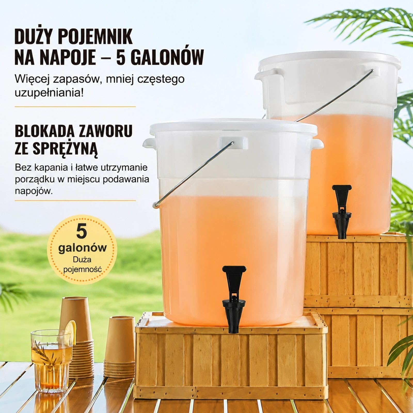 Plastikowy dozownik napojów 19 l z kranem i pokrywką do mrożonej herbaty, lemoniady, soku i wody, do restauracji, hoteli i imprez
