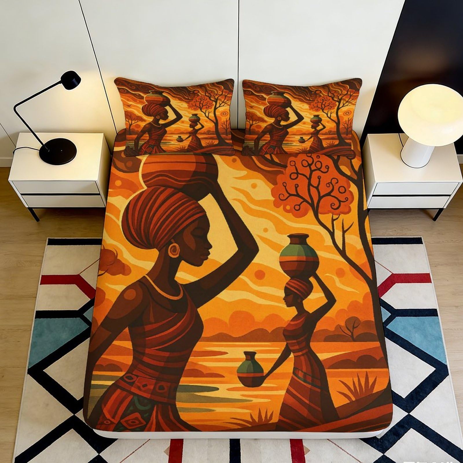 3D Printed African Sunset Fitted Sheet Microfiber Soft Decorative Tribal Art Bed Cover for Bedroom Guest Room 90x200x25cm