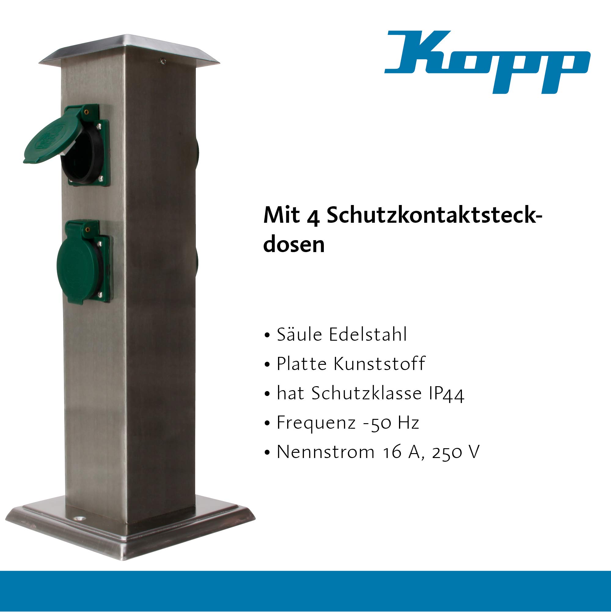 Kopp Palo di alimentazione da Giardino con 4 Prese di Contatto protettive 230 V, Presa di Corrente in Acciaio inox per uso esterno, Presa di Corrente da Giardino, Argento, 145330013