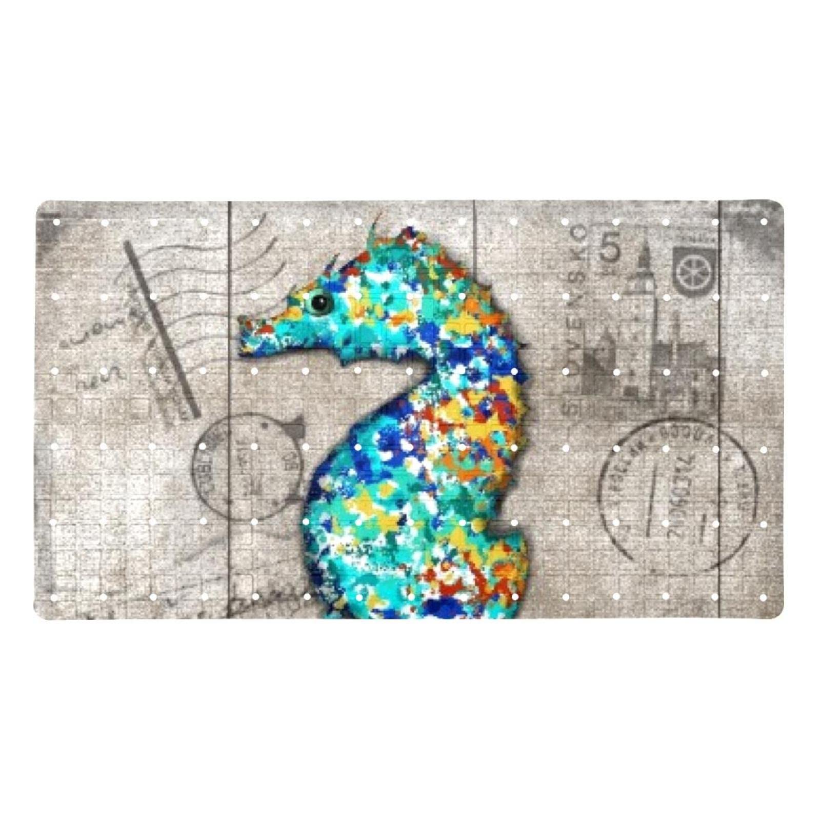 Tapis de bain antidérapant lavable en PVC à ventouses et motif hippocampe 40x70 cm