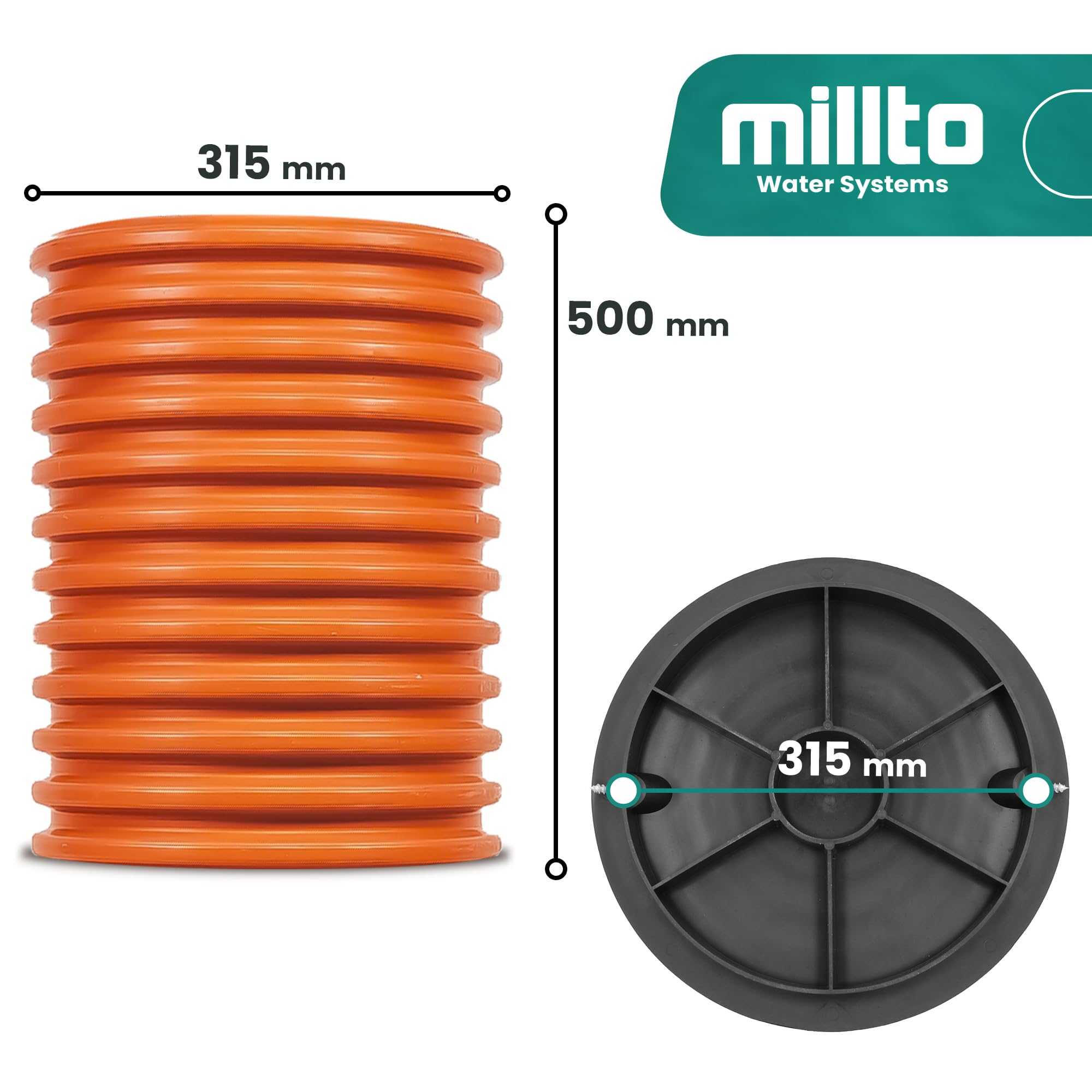 Millto™ Steigrohr mit Abdeckung Deckel 50 cm 315 mm Schachtrohr Wellrohr Kanalschacht Kanalrohr Schachtdeckel Abwasser Rohr Kanaldeckel Kontrollschacht Sickerschacht Kunststoff