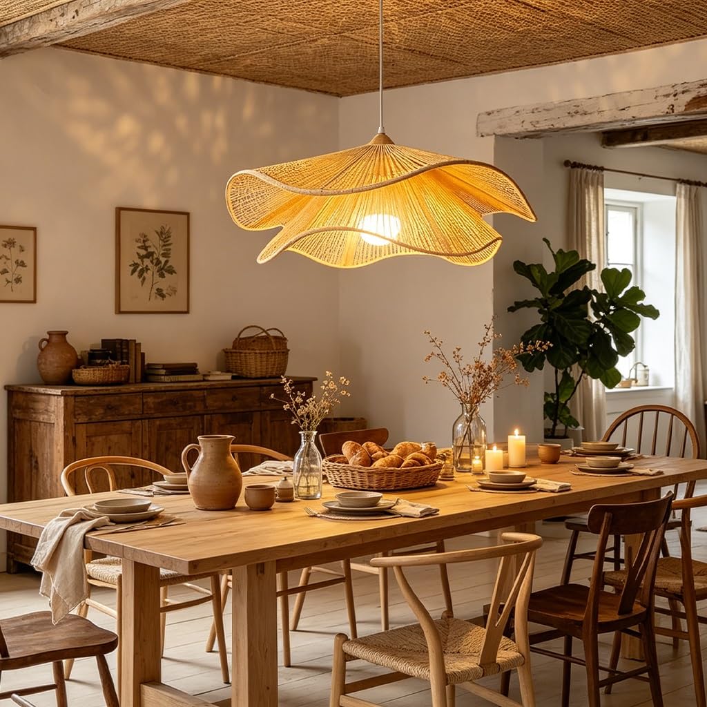 Lámpara Colgante De Ratán Tejido A Mano Forma Ondulada Estilo Boho Wabi Sabi Altura Regulable De Material Natural Para Salón Comedor Dormitorio Cocina Café Casa Rural