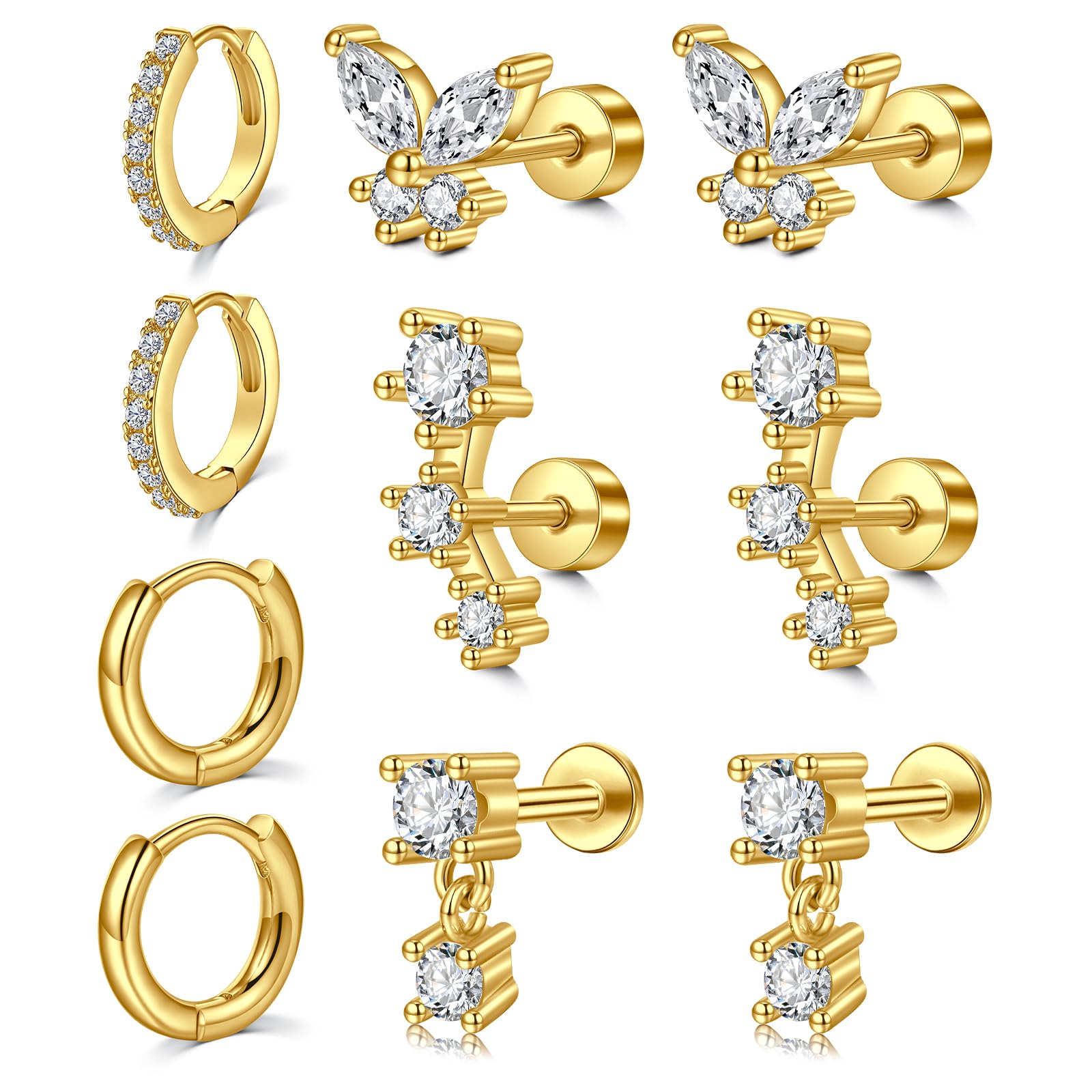 Longita Cartilage Earring Flat Back Cartilage Earrings for Women Silver Gold Helix Piercing Jewelry Tragus Earrings Threadless Flatback Screw Back