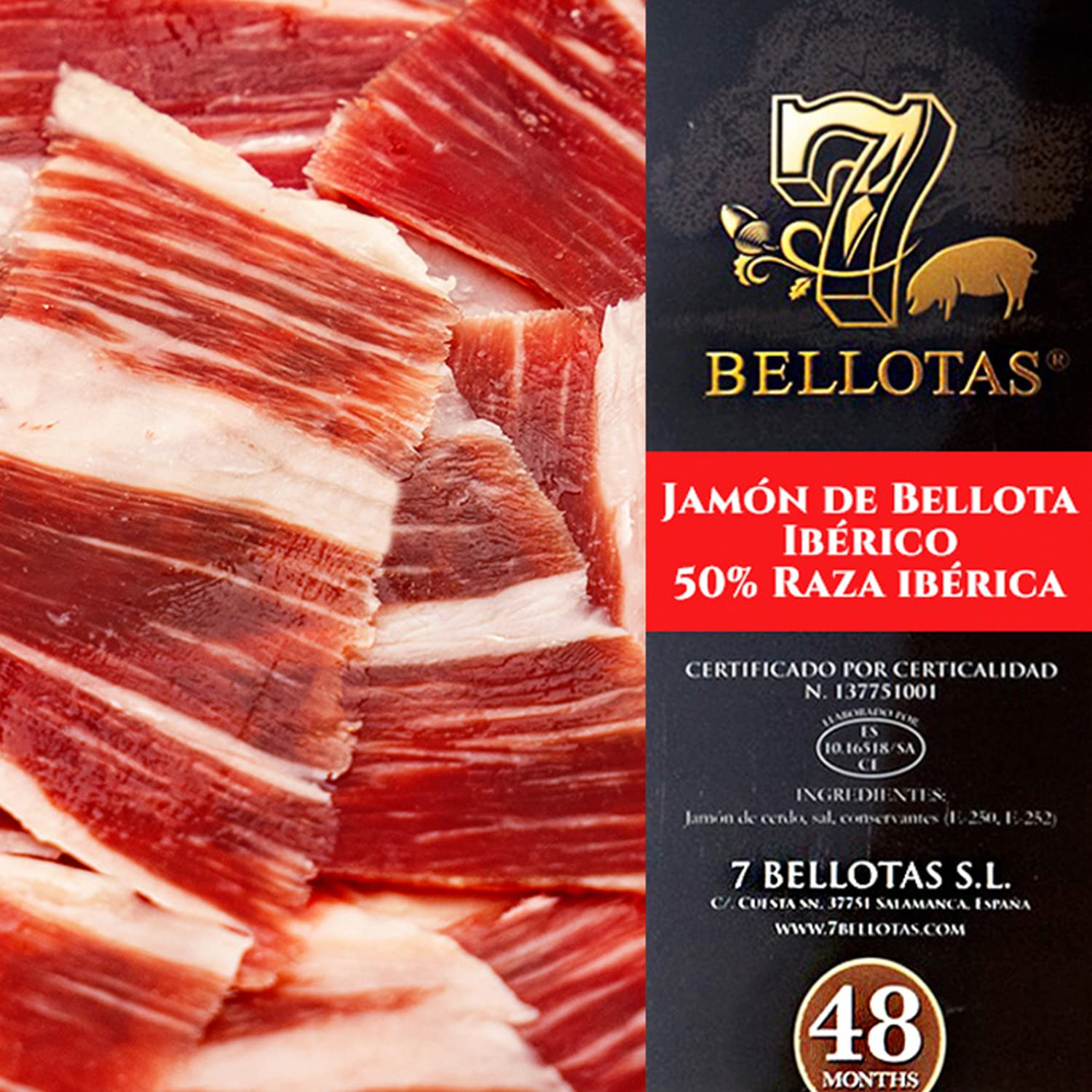 7 BELLOTAS Iberischer Eichel-Schinken | JAMON Bellota 50% IBERICO Feldköderschinken PATA NEGRA | Spanischer Schinken Bellota 48 Monate (Ohne Knochen + 3,2 Kg.)