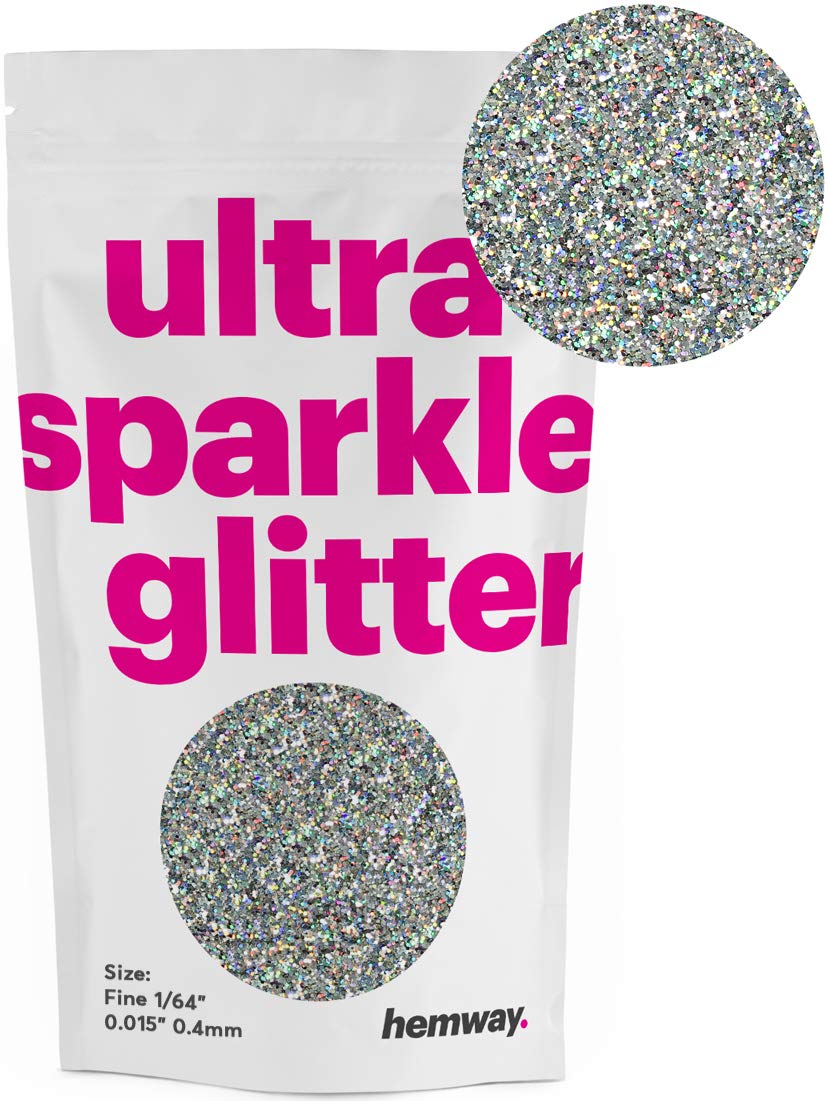 HemwayPremium Ultra Sparkle Glitter Multi Purpose Metallic Flake for Arts Crafts Nails Cosmetics Resin Festival Face Hair - Silver Holographic - Fine (1/64" 0.015" 0.4mm) 100g / 3.5oz