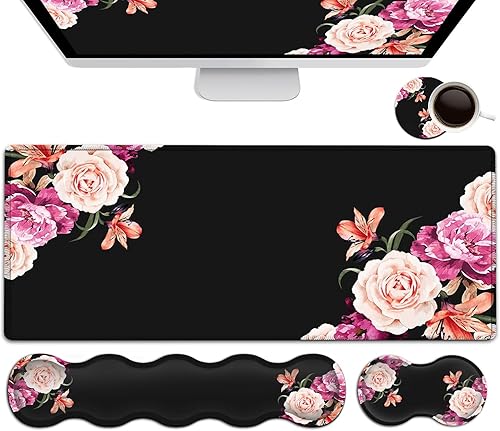 Alfombrilla de mouse negra, juego de alfombrillas de mouse para teclado, alfombrilla de mouse extendida para juegos + soporte para reposamuñecas de