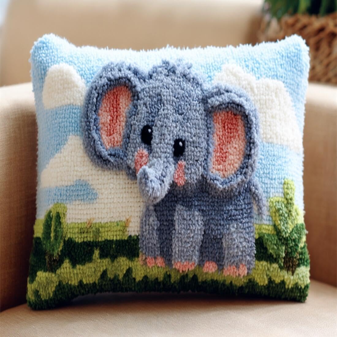 Kitquiver Animal Latch Hook Pillow Kit Cartoon Elephant DIY Latch Hook Kits Pillow Printed Cushion Crochet Yarn 3D Embroidery Set Pillowcase Rug Home Decor 17x17In