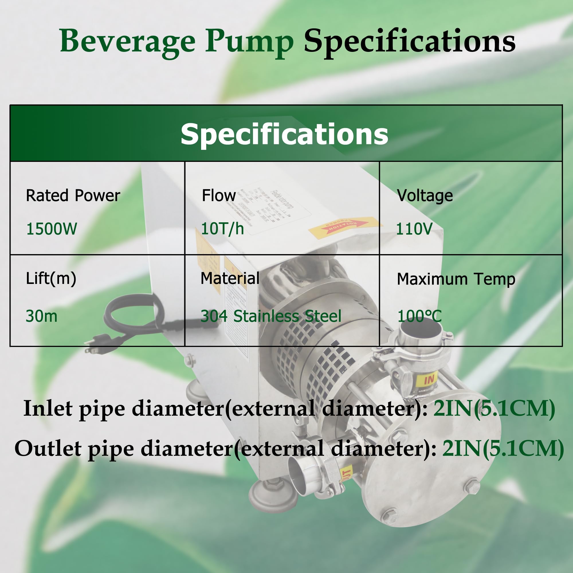 WYDDDARY Sanitary Centrifugal Pump Rotor Pump 10T/H Liquid Drinks Transfer Machine 304 Stainless Steel Food Sanitary Beverage Pump 110V 1500W