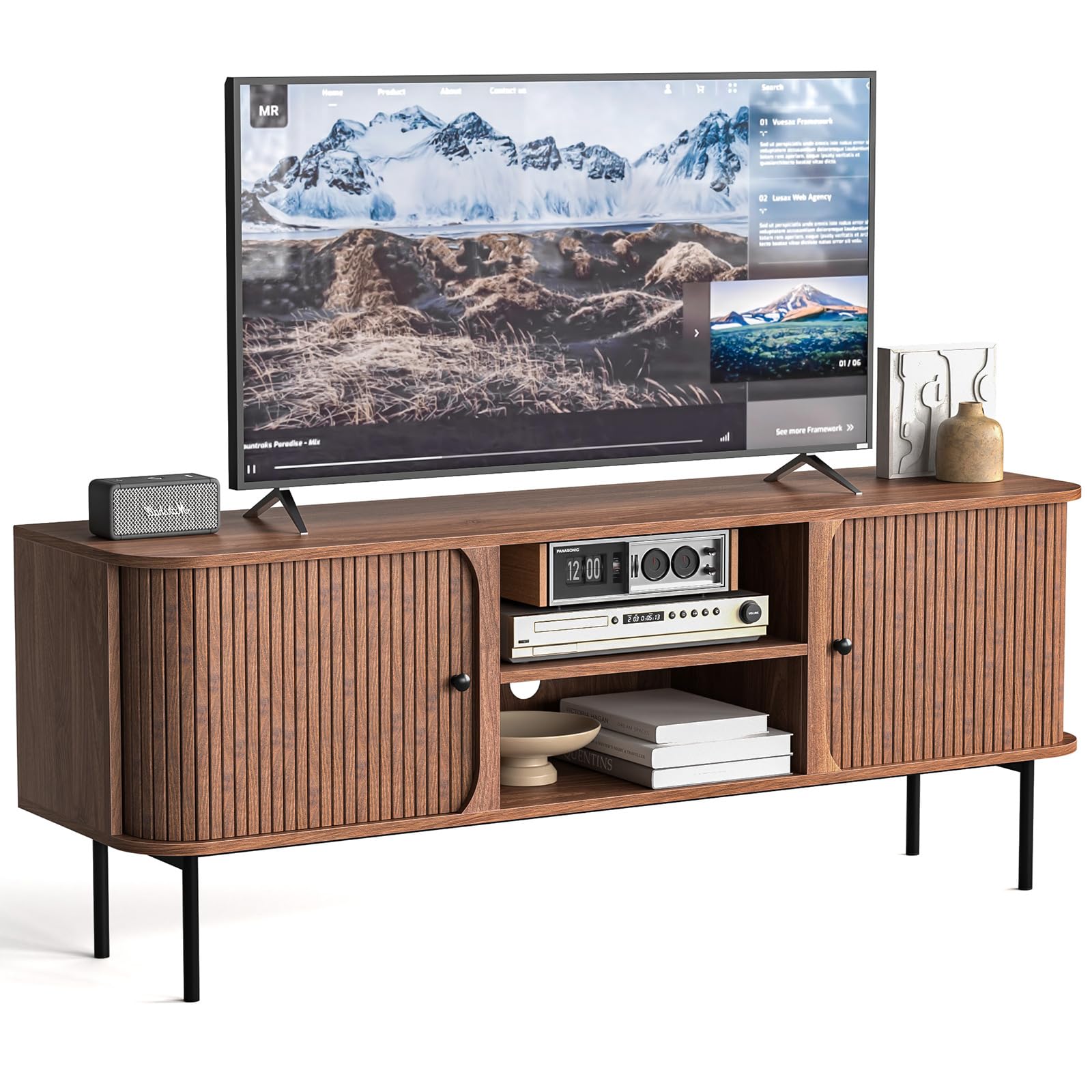 Skokliz TV Stand Cabinet for TVs up to 65 inch, Mid-Century Modern TV Console with 2 Tambour Door Storage, 150cm Long TV Cabinets for Living Room, Farmhouse tv units for for Bedroom, Walnut