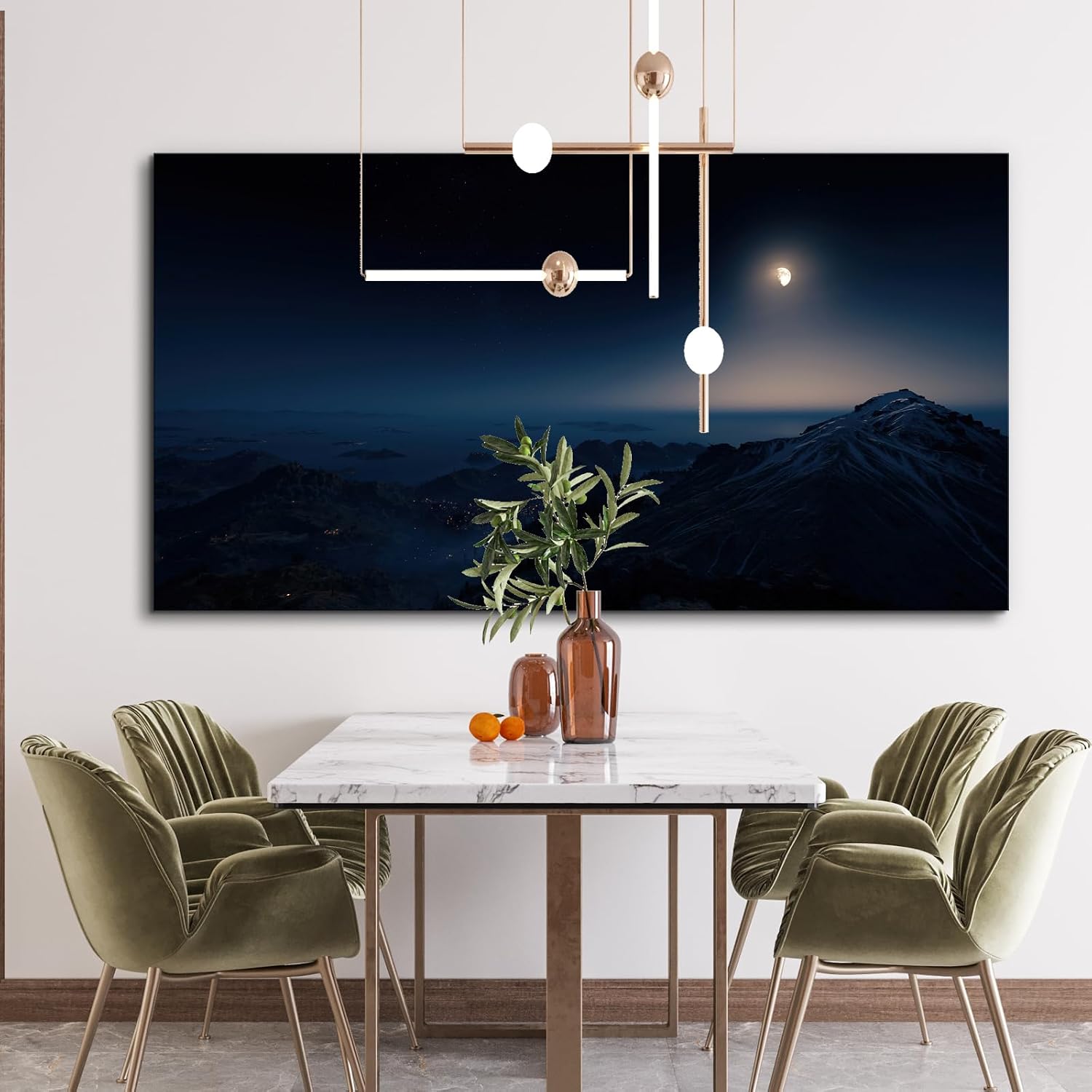 Craftline - Moonlit Snow Mountain Landscape Nature Canvas Painting, Alpine Village Night with Starry Sky Photo Countryside Winter Picture Modern Framed Wall Art for Living Room Office 32x16inch