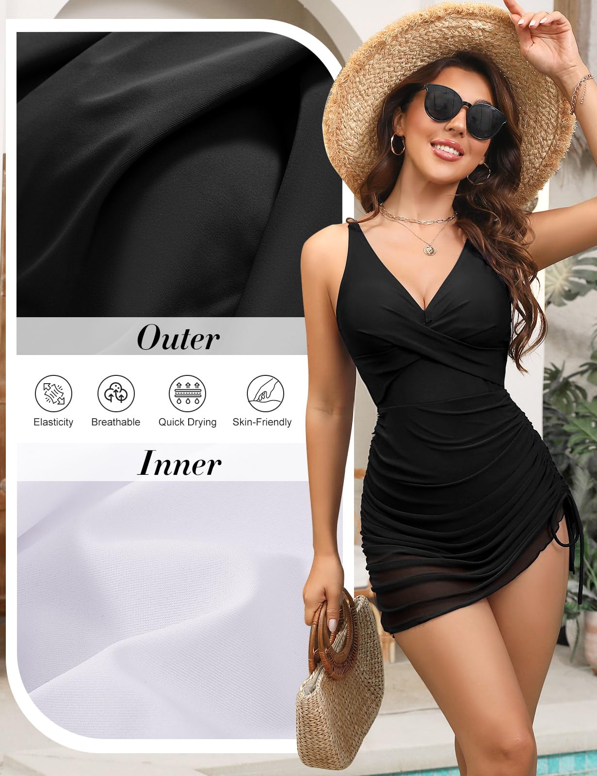 Tuopuda Costume da Bagno Intero da Donna con Scollo a V Push Up Costumi Interi da Bagno con Controllo del Ventre Abito da Bagno Imbottit con Spalline Regolabili