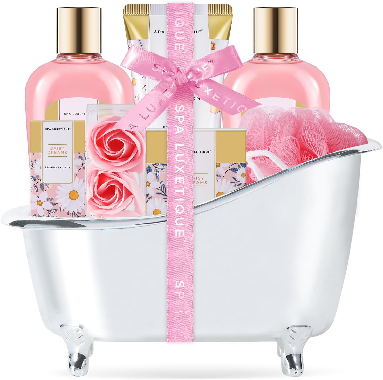 Self Care Gifts for Women, Spa Luxetique 8pcs Daisy Bath and Body Gift Baskets for Her, Bath Set with Bubble Bath, Lotion, Mothers Day Gifts for Mom