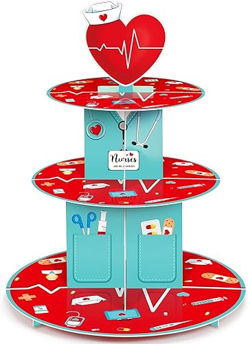 Nuenen Soporte para cupcakes de 3 niveles con temática de enfermera, decoración de fiesta de graduación, soporte médico para cupcakes, suministros