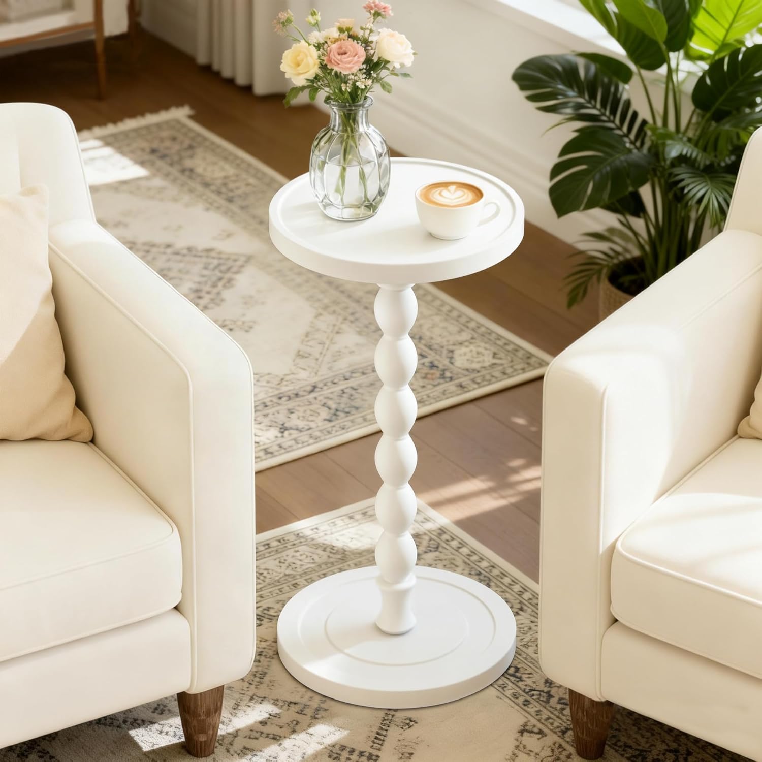 Small Side Table, Rubberwood‌ Drink Table for Small Spaces, Solid Wood Pedestal Coffee Tables, Round End Tables for Living Room, Sofa Couch, Bedroom, Corners, and Office (White, 11.81 inch)