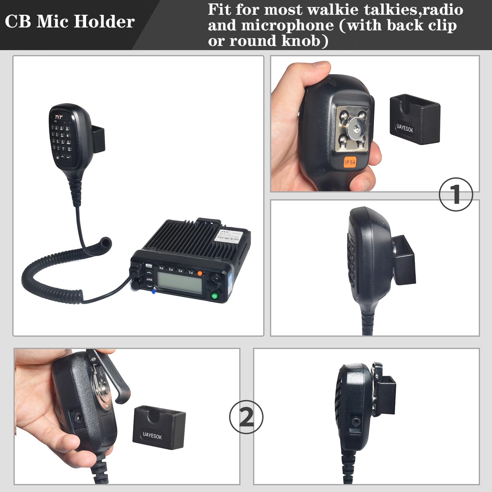 UAYESOK Supporto radio auto, supporto per microfono radio CB con pellicola adesiva 3M, universale, per Motorola Baofeng Kenwood Yaesu Midland Quansheng (nero, 2)
