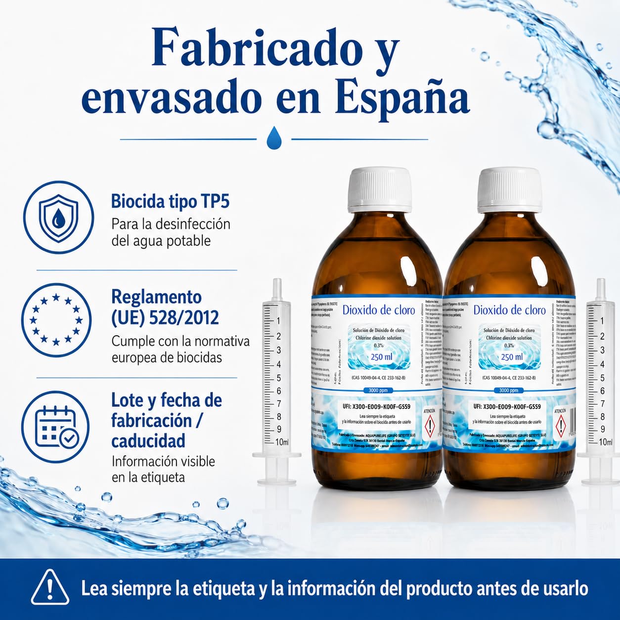 Dióxido de Cloro 3000 ppm - CDS | CDL - Envasado en Botella de Cristal Ámbar - 2 Botellas 250ml = 500ml - Compra Ahorro - Fabricado en España