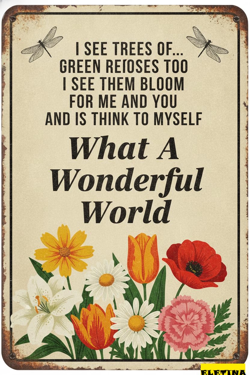 Wonderful World Floral Rustic Farmhouse Vintage Tin Sign Gardening Gift Women Home Patio Yard 8x12in