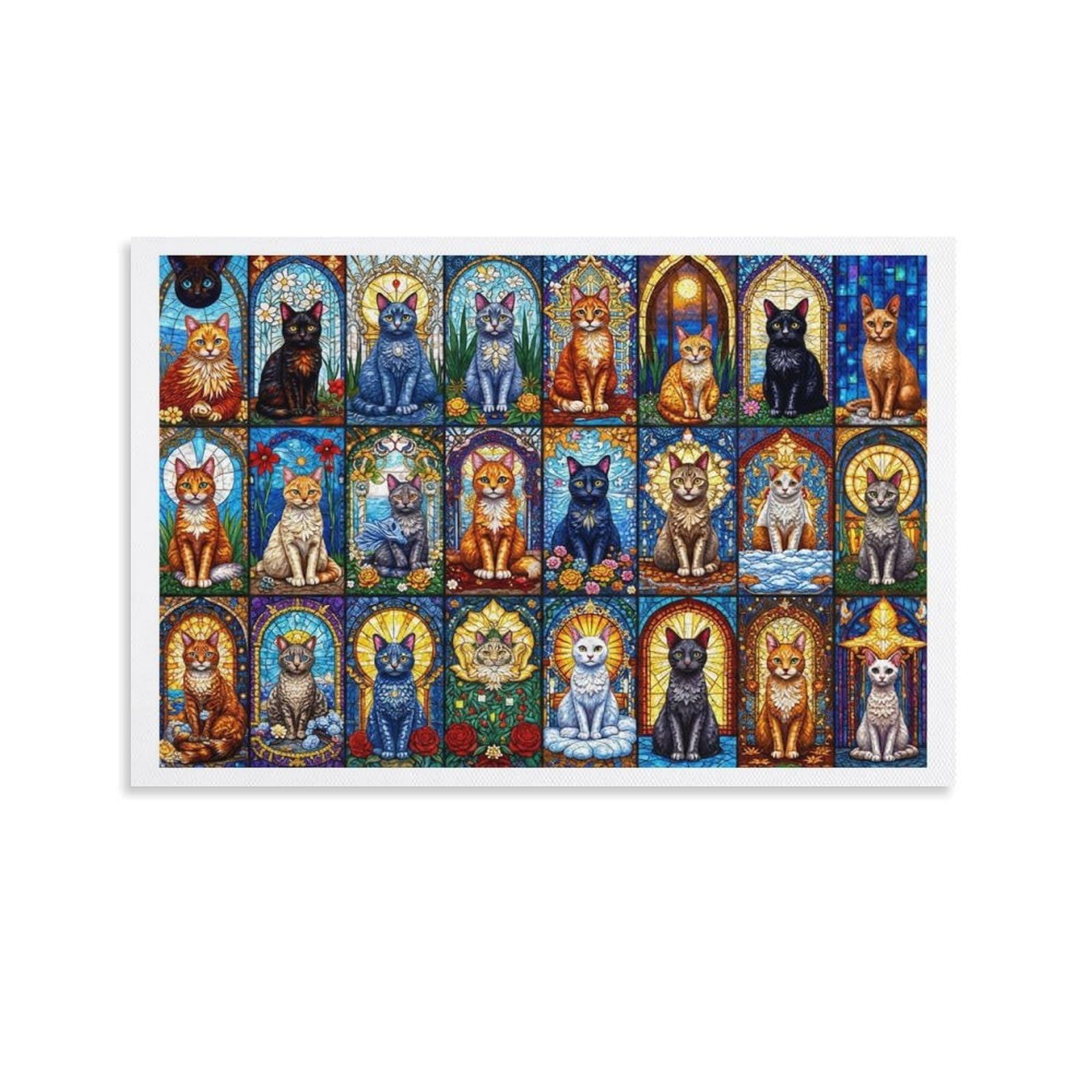 CPLVKWRQJ Stained Glass Cats Single Grid of Various Cats in Stained Glass Frames Canvas Artwork - Nursery Canvas Wall Hanging Space Saving Ready to Hang Decor 20x30inch(50x75cm)