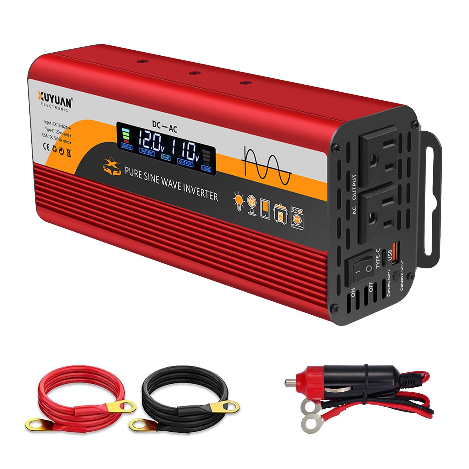 純正弦波インバーター 1000W,50Hz/60Hzの出力周波数は自由に選択可能で 12V/24V自動対応 LCDカラー画面 バッテリー逆接続保護 TYPE-C急速充電 無音設計 過負荷・過熱保護 車載/家庭/アウトドア用 (レッド, 1000W)