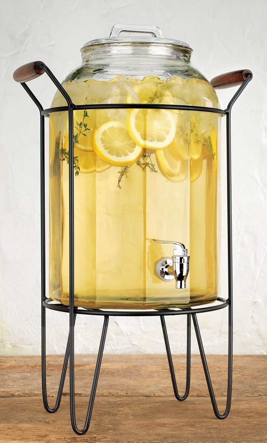 Retro Beverage Panel Large Drink Dispenser Durable Glass Ice Cold Beverage 3 Gallon With Glass Lid, Metal Stand/Caddy Leak Proof Spigot- Wide Mouth Easy Filling For Outdoor, Parties & Daily Use