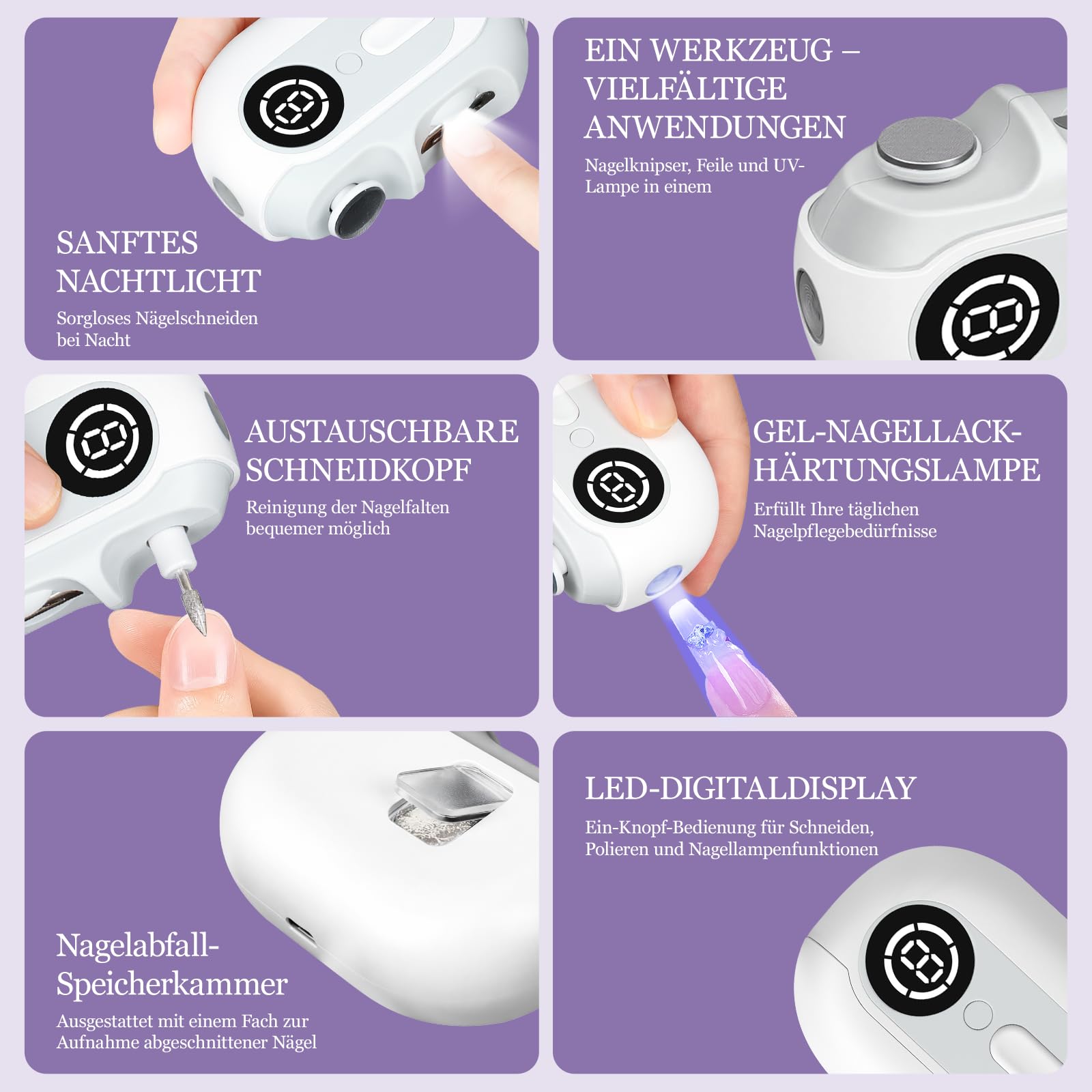 Elektrischer Nagelknipser, 4-in-1 Automatischer Nageltrimmer und Polierer mit LED-Licht & Nagel-Aufbewahrungsbox, USB-Aufladbares Elektrisches Nagelfeile mit 3 Geschwindigkeitsstufen für Babys