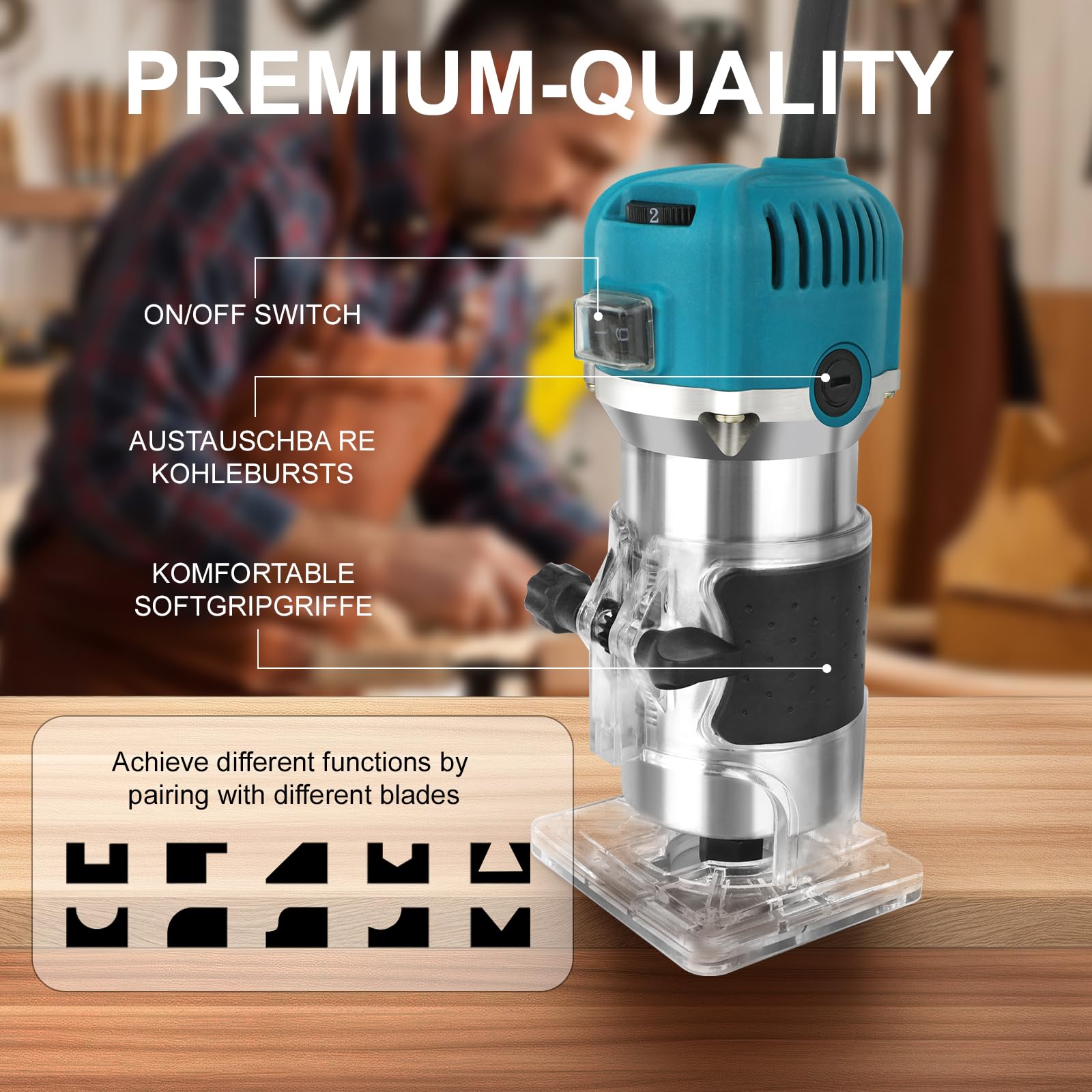 Holzfräse Oberfräse Electric - Fräsmaschine Hand Holz mit Koffer - 12 Set Zubehör 800 W 330000 R/min 6,35 mm - Wood Router Kantenfräse Handpalmenfräser für die Holzbearbeitung