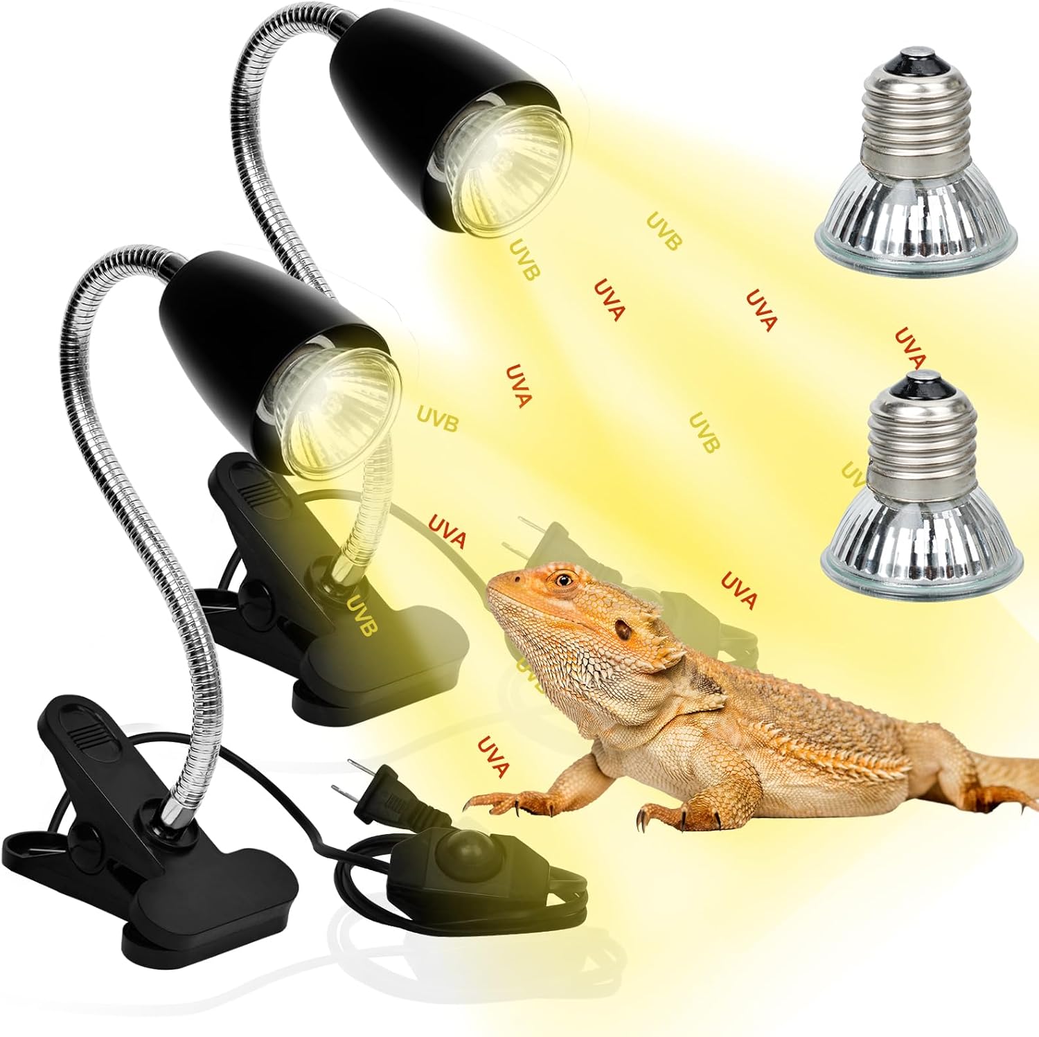 Pack of 2 Heat Lamp with 360° Rotatable Hose and Timed, 2 Pcs Heating Lamp Clips with 4 Bulbs Inside, UVA UVB Reptile Lamp Light for Bearded Dragon,Turtle,Snake,Lizard