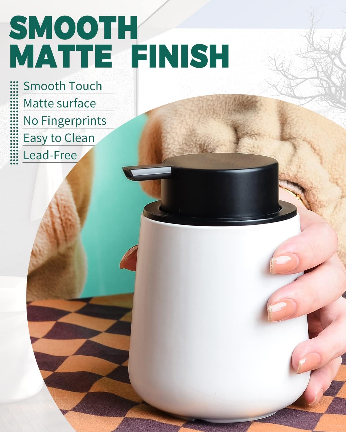 Bosilunlife Foam Soap Dispenser - 12Oz Matte White Ceramic Foaming Hand Soap Dispenser for Bathroom Refillable Liquid Kitchen Dish Hand Wash Dispenser Modern - Image 5