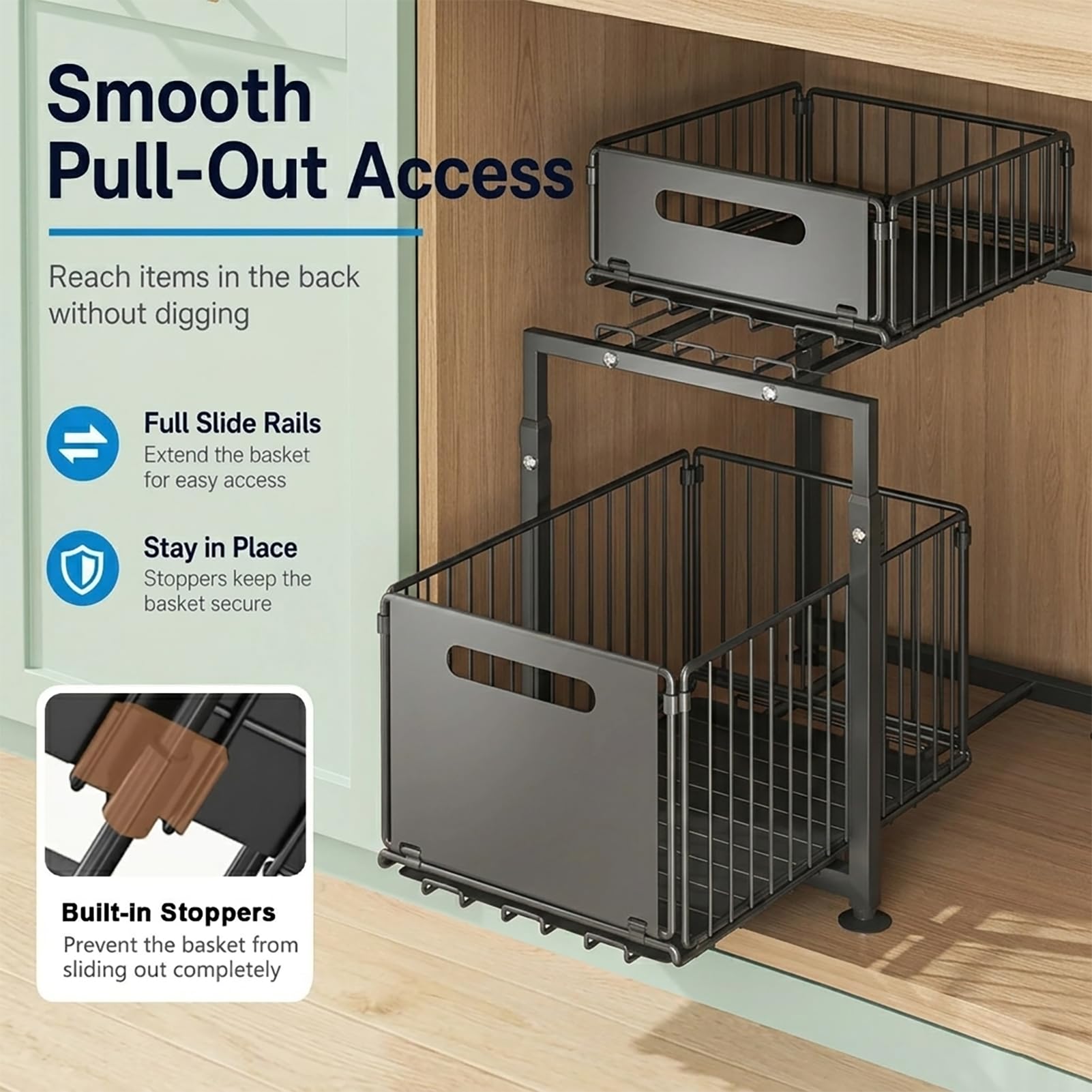 Set di 1 organizer regolabile sotto il lavello, con cassetti estraibili, regolabile in altezza, antiscivolo e resistente, in metallo, per cucina, bagno e dispensa