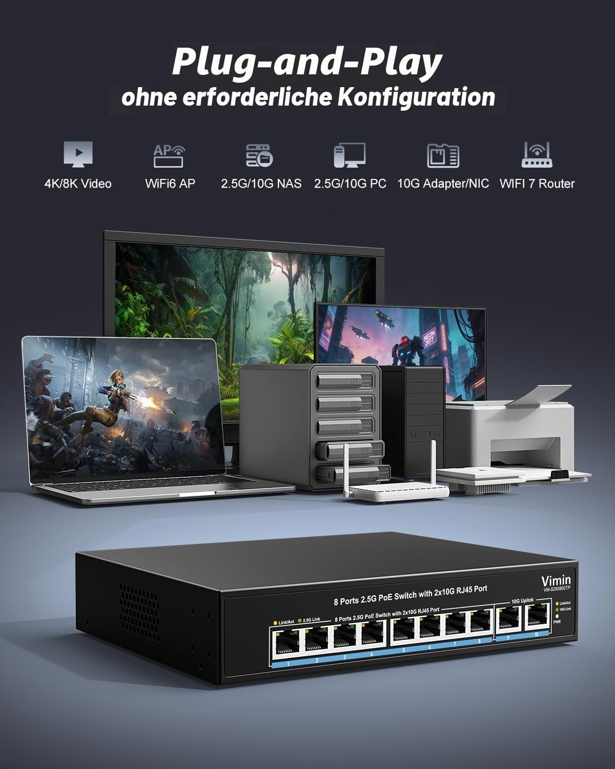 8 Ports 2,5G PoE+ Switch | 2 x 10G Uplink RJ45 Switch | 80 Gbit/s Switching-Kapazität | Plug & Play Nicht verwaltet | IEEE 802.3af/at-konform | 150 W PoE Switch für 2.5G netzwerke und PoE-Geräte