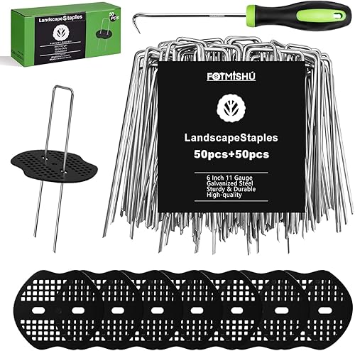 FOTMISHU Grapas de paisaje de 6 pulgadas, 50 estacas de jardín + 50 juntas, pasadores de césped galvanizados con recubrimiento en aerosol para