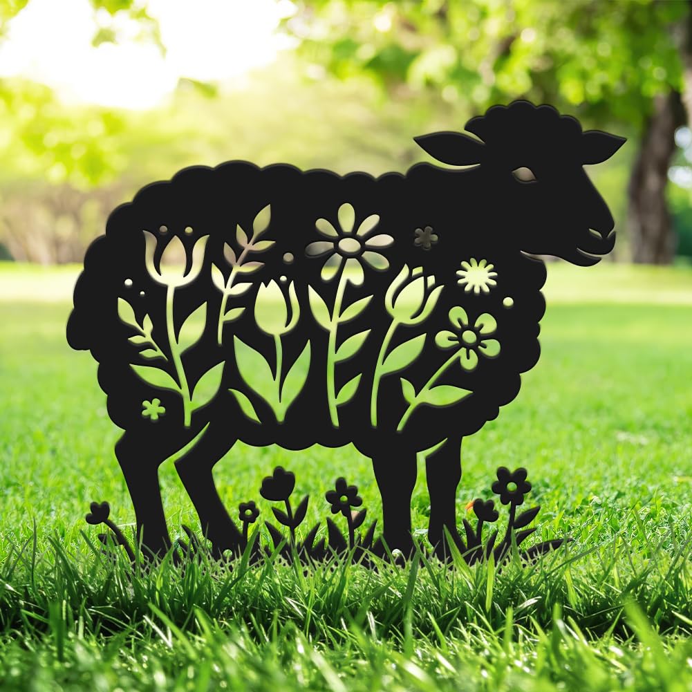 SUPERDANT 1Pc Large Metal Sheep Lawn Ornament Decorative Garden Yard Stakes Sign Black Iron Flower Cutout Animal Silhouette For Outside Farm Pathway Farmhouse Decoration Gift 30x26cm