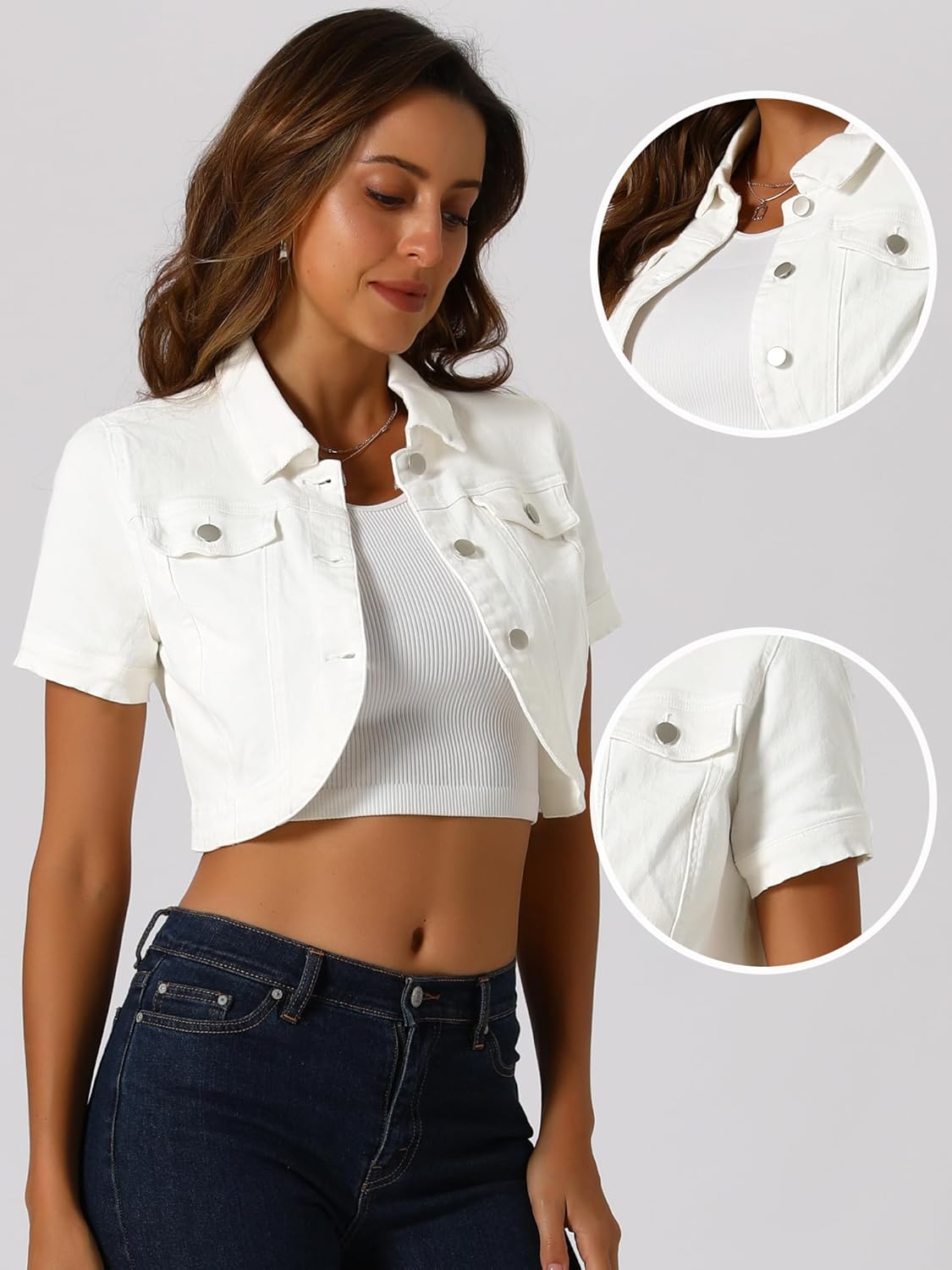 Allegra K Casual Denim Jacket for Women's Turndown Collar Short Sleeves Crop Jean Jackets - Image 4