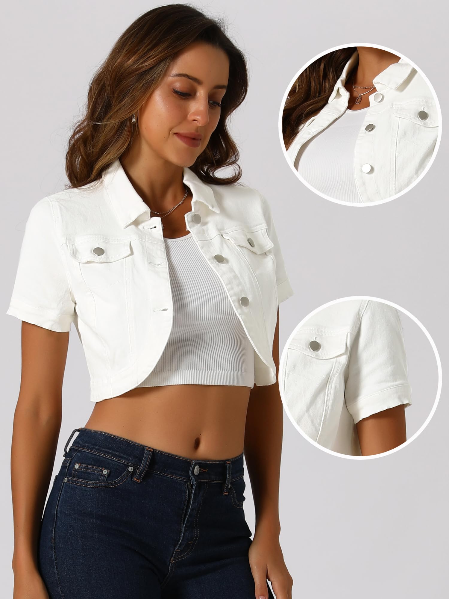 Allegra K Damen Jeansjacke Kurz Revers Bauchfreie Denim Jacke