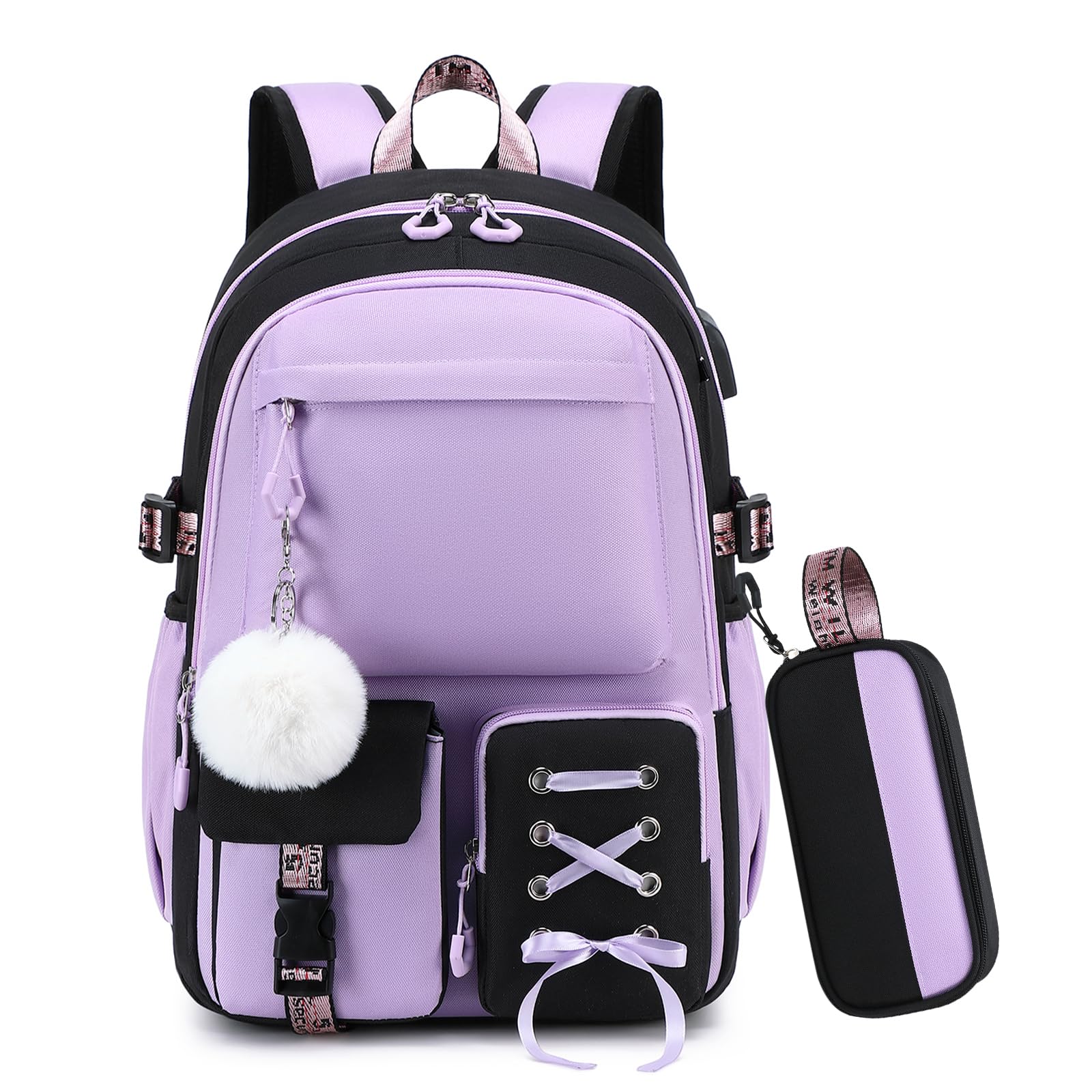 Zaino Scuola Elementare Ragazze Bambina, Nero-Viola, 2 Pezzi, 25L