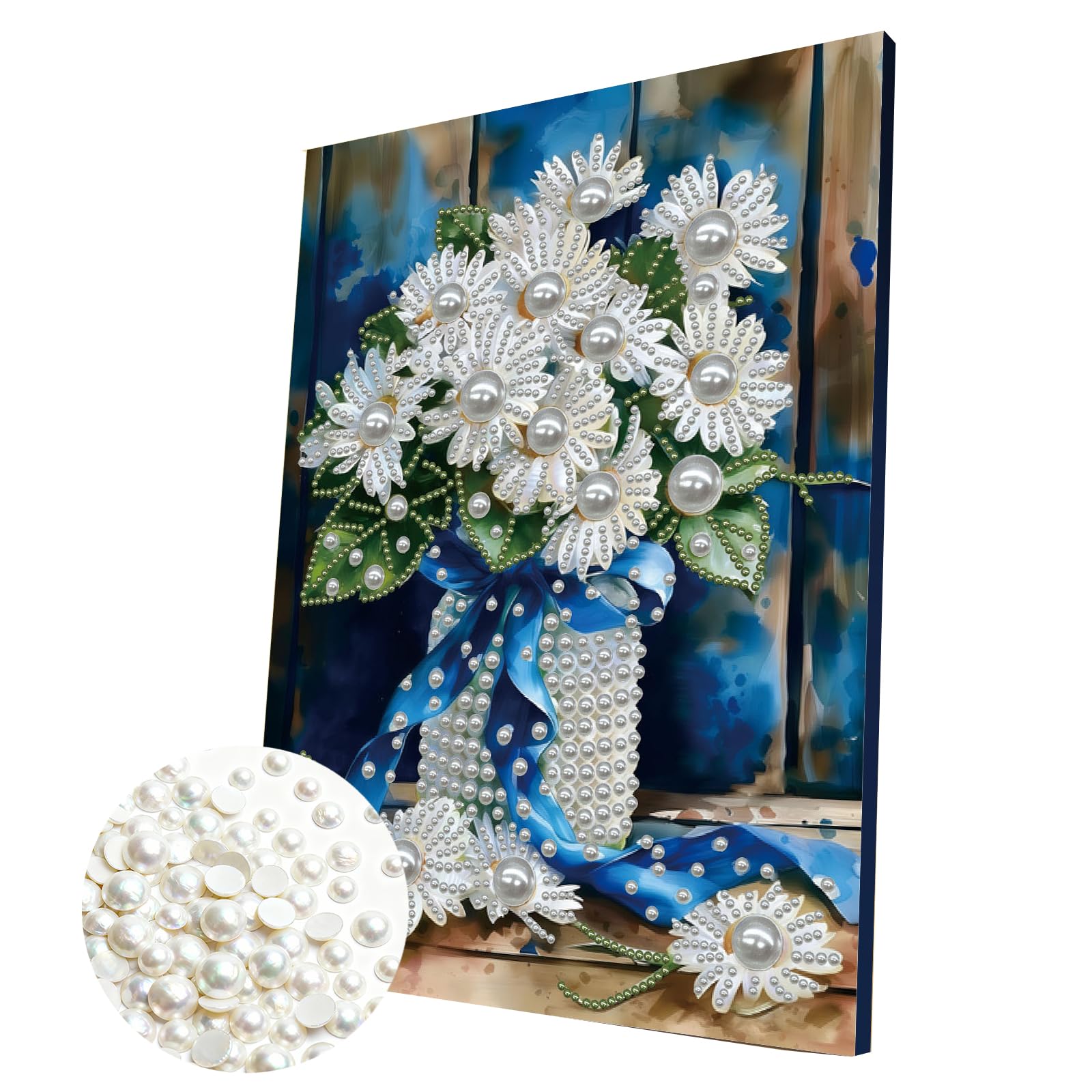 DIY Pearl Painting Kit with Wooden Frame, 3D Plastic Pearl Gemstone Ocean Art Craft for Adults Beginners, Diamond Art Kits for Adults, Home Wall Decor Ready Gift for Women(Vase Daisy Flower)(30*40cm)